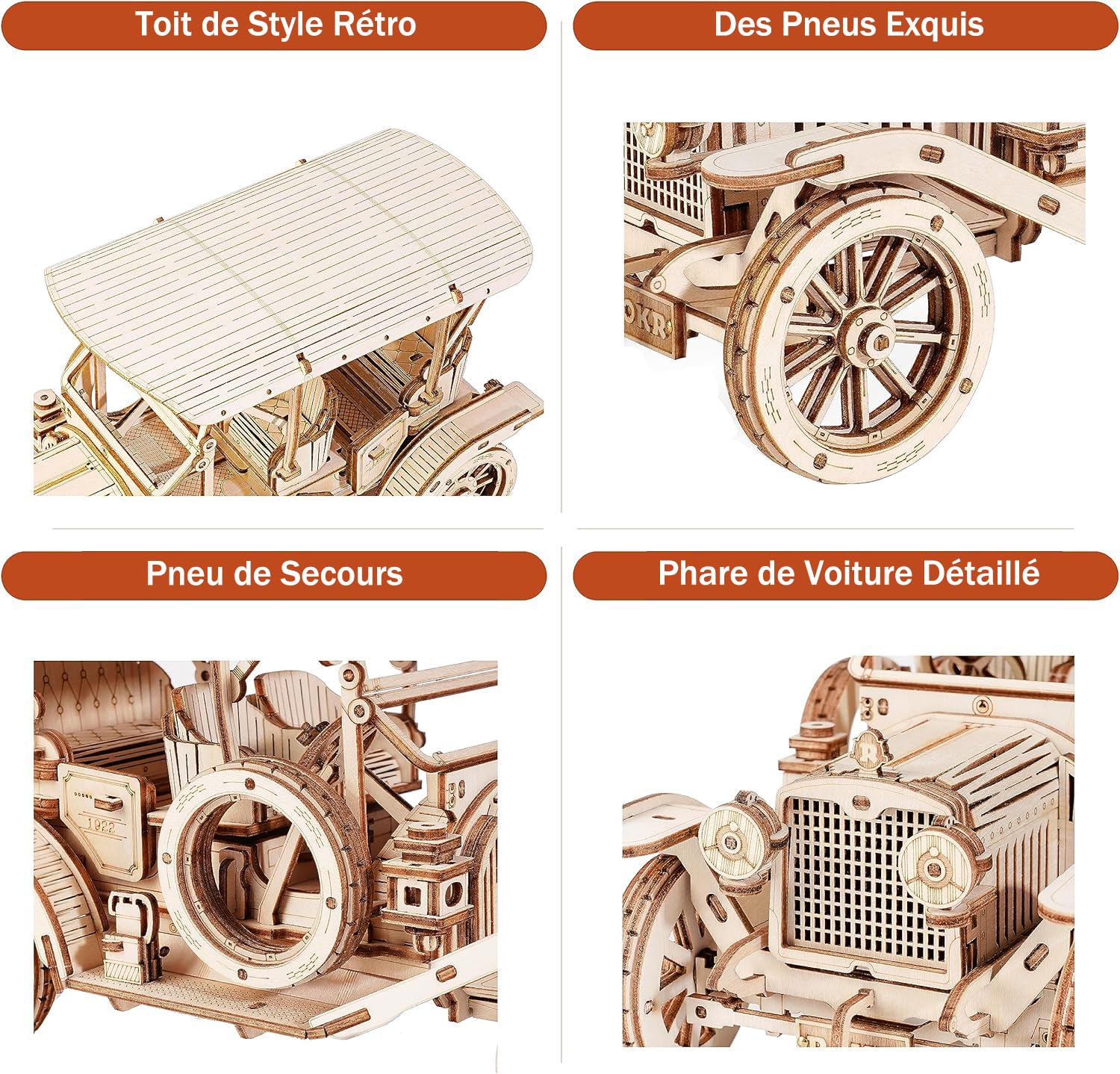 ROKR Puzzle 3D Bois Maquette en Bois a Construire,Vintage Car,MC801 | Voiture pour Adultes, Kits de Modélisme Cadeaux d'anniversaire,