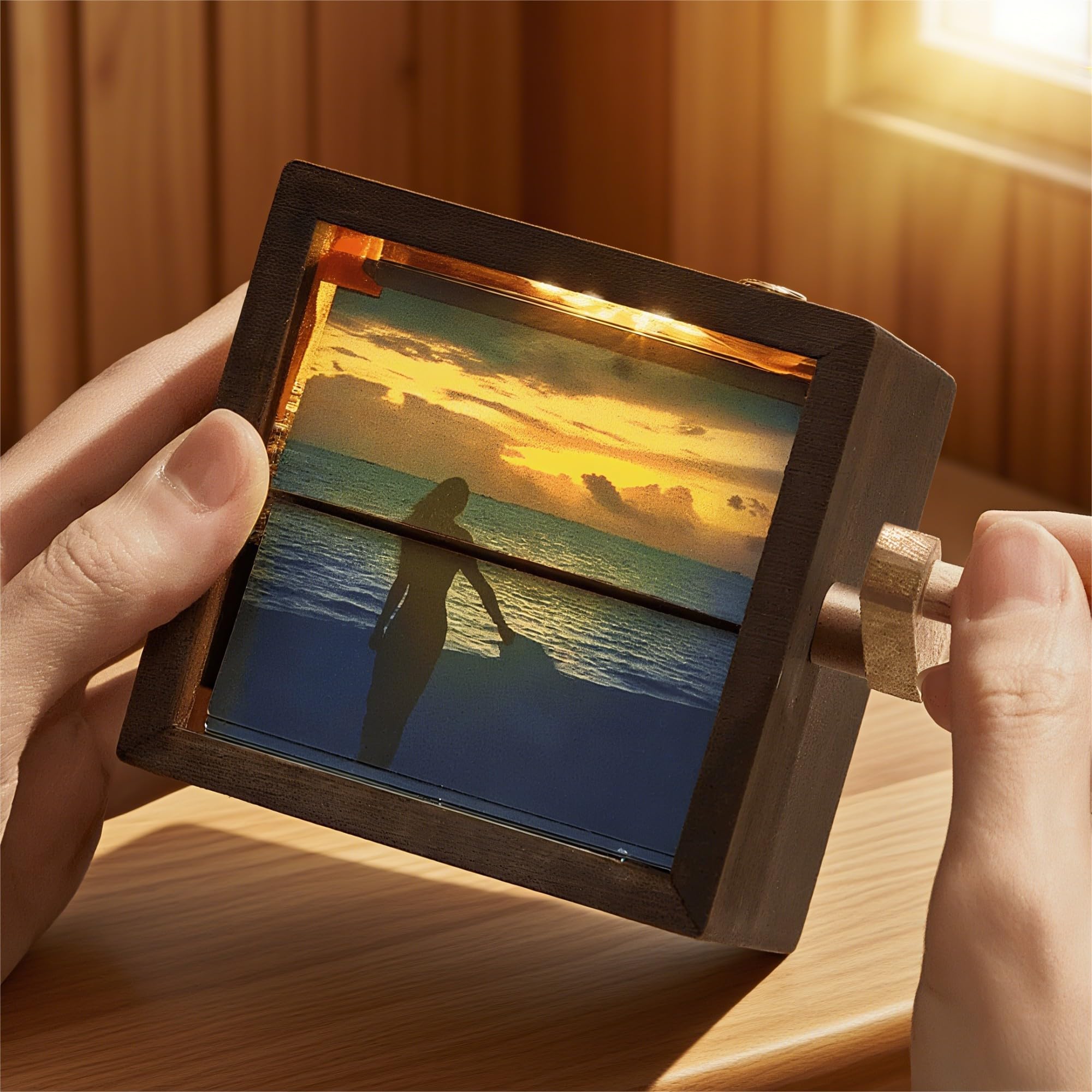 Custom Handmade Flipbook Photo Frame with Light, Personalized Wood Hand-cranked Animation Box, 8 or 16 Photos Display, Beech/Black Walnut Anniversary Gift for Couples