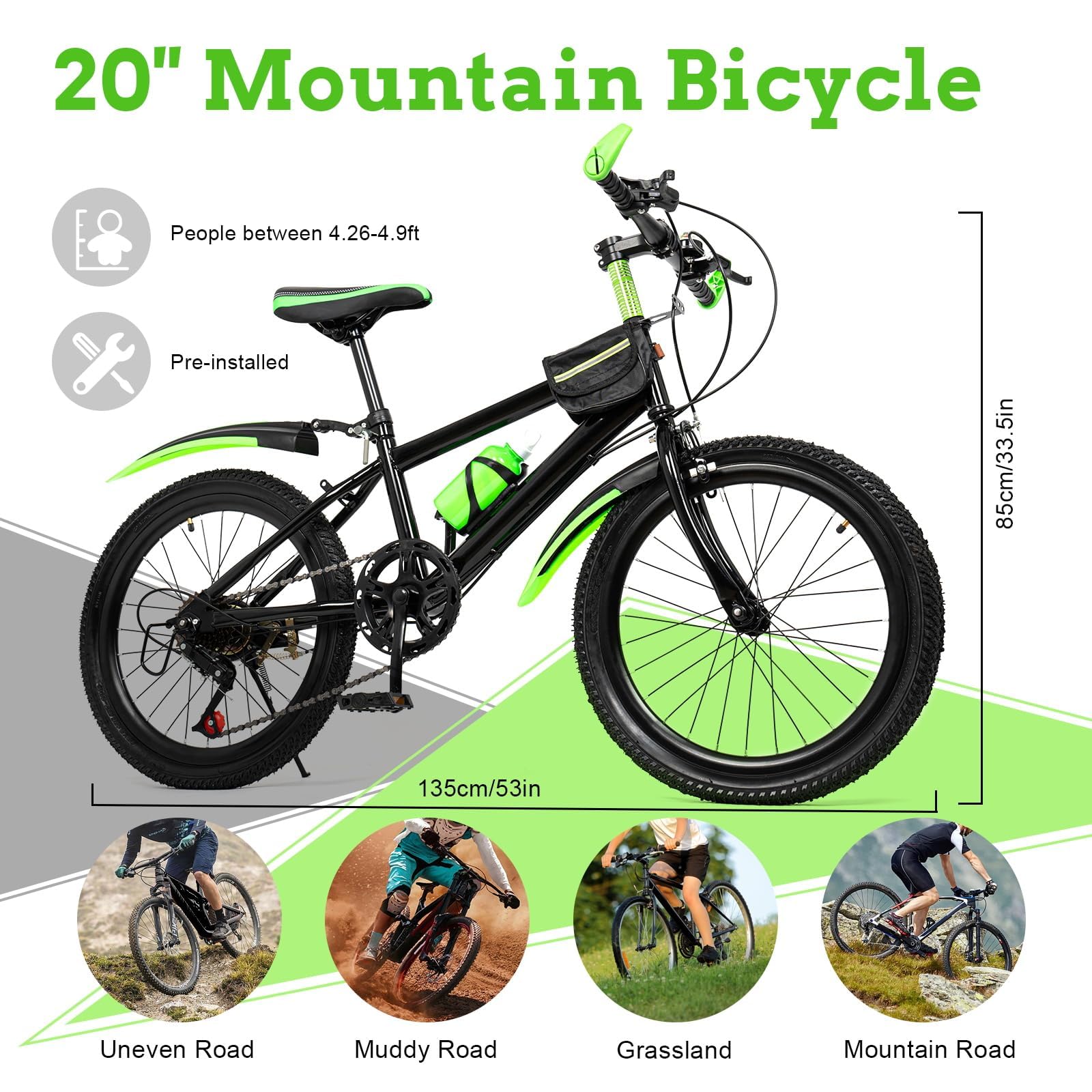 VTT 20 Pouces,vélo Enfant,vélo de Ville à 7 Vitesses avec Garde,Suspension et capacité de Charge jusqu'à 85 kg