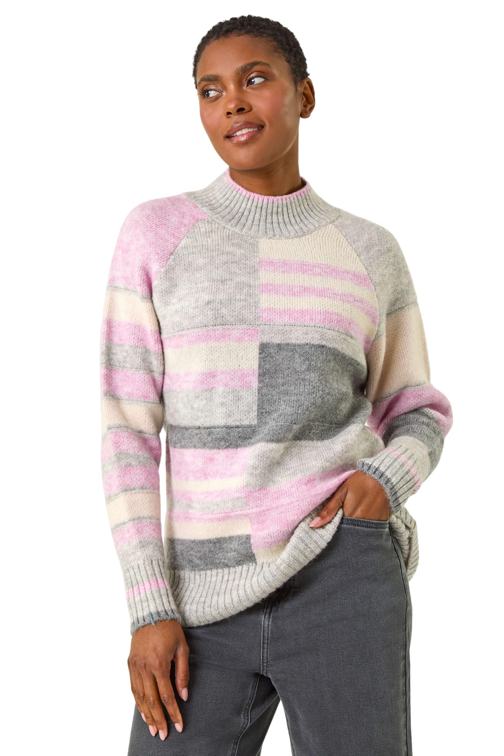 Roman Women's Light Grey Stripe Colour Block Knitted Jumper In | Size: 12