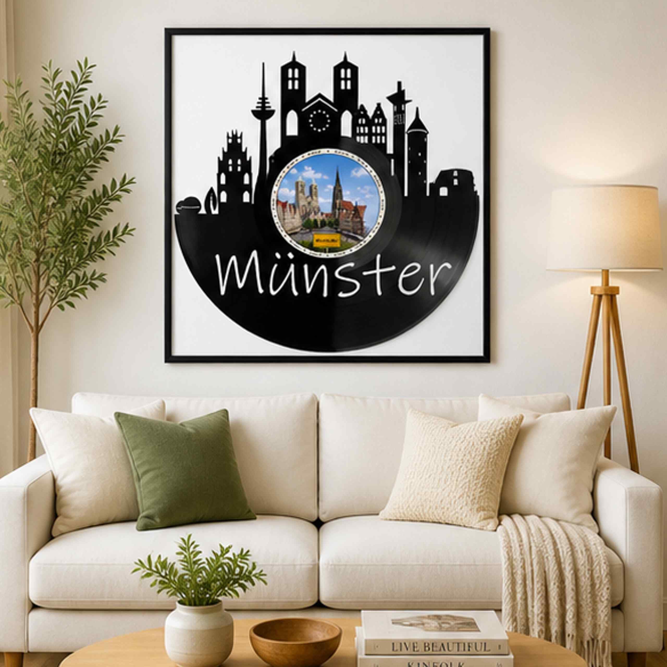 EVEVO Münster, decorazione da parete in vinile, con cornice, 32 x 32 cm, motivo: città di biciclette, regalo per gli amanti della Westfalia