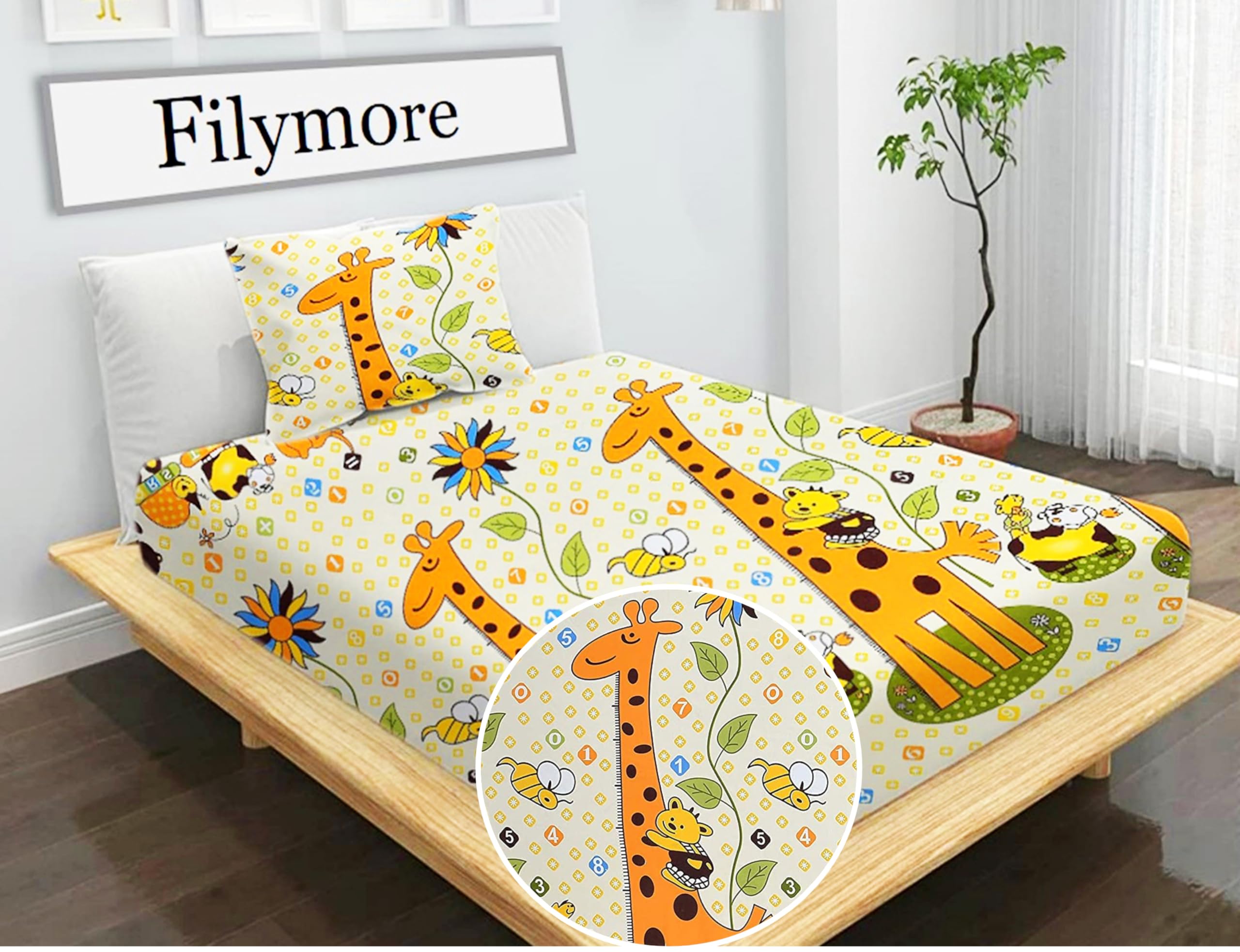 Giraffe Cartoon Single Bedsheet for Kids Cute Cartoon Bedsheet Single Bedspread Made with Pure Microfiber(Size 60 X 90 Inches) 1 Bedsheet with Pillow Cover, (Color-Cream and Yellow)