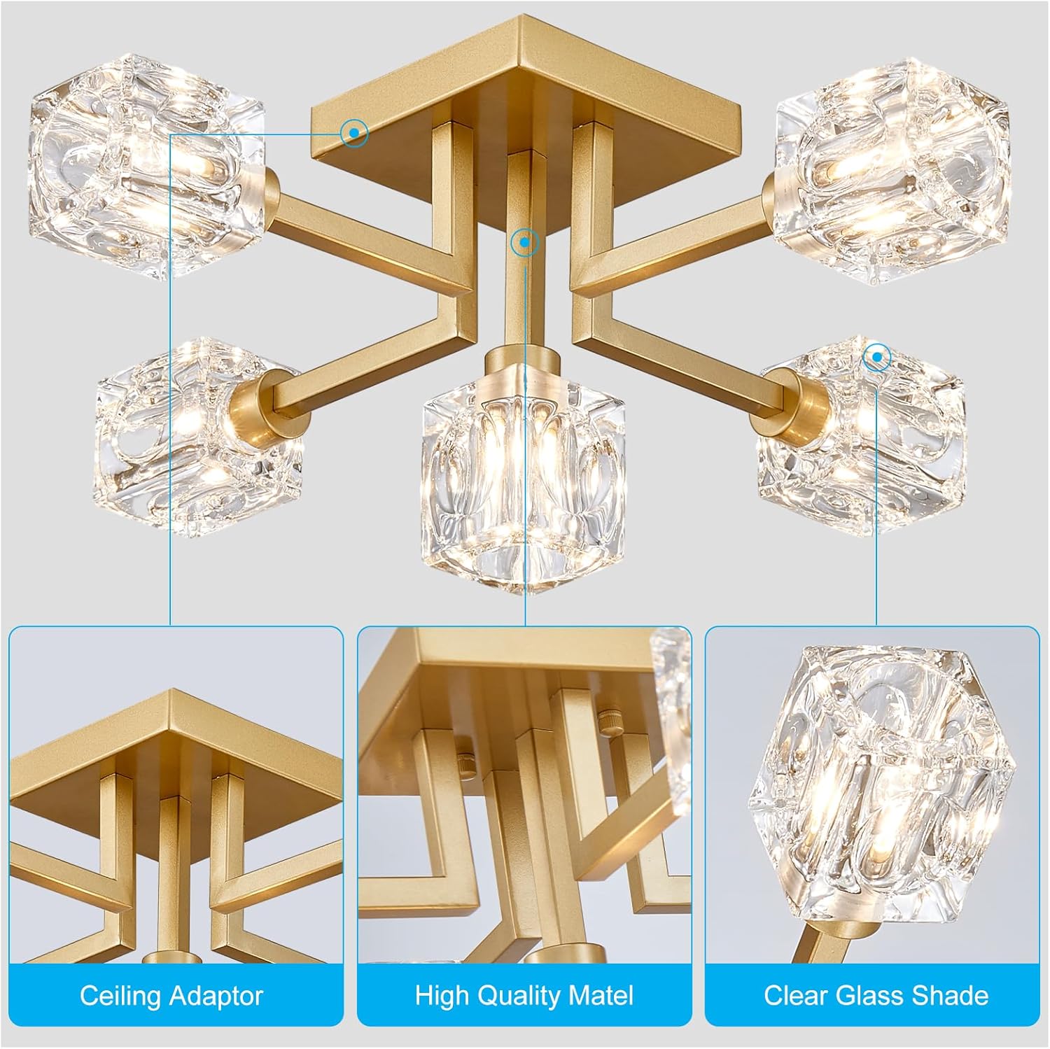 XINGQI Sputnik Chandelier Gold Modern Semi Flush Mount Ceiling Light Glass 5 Lights Farmhouse Lighting Fixtures for Dining Room Living Room Kitchen Bedroom