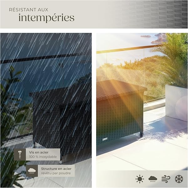 tectake® Coffre de jardin Exterieur, Coffre à Coussins 270 L en Aspect Rotin 120x55x61,5cm avec Roulettes, Couvercle Rabattable, Poignées pour Rangement des Outils de Jardin, Matelas, Jouets - 4
