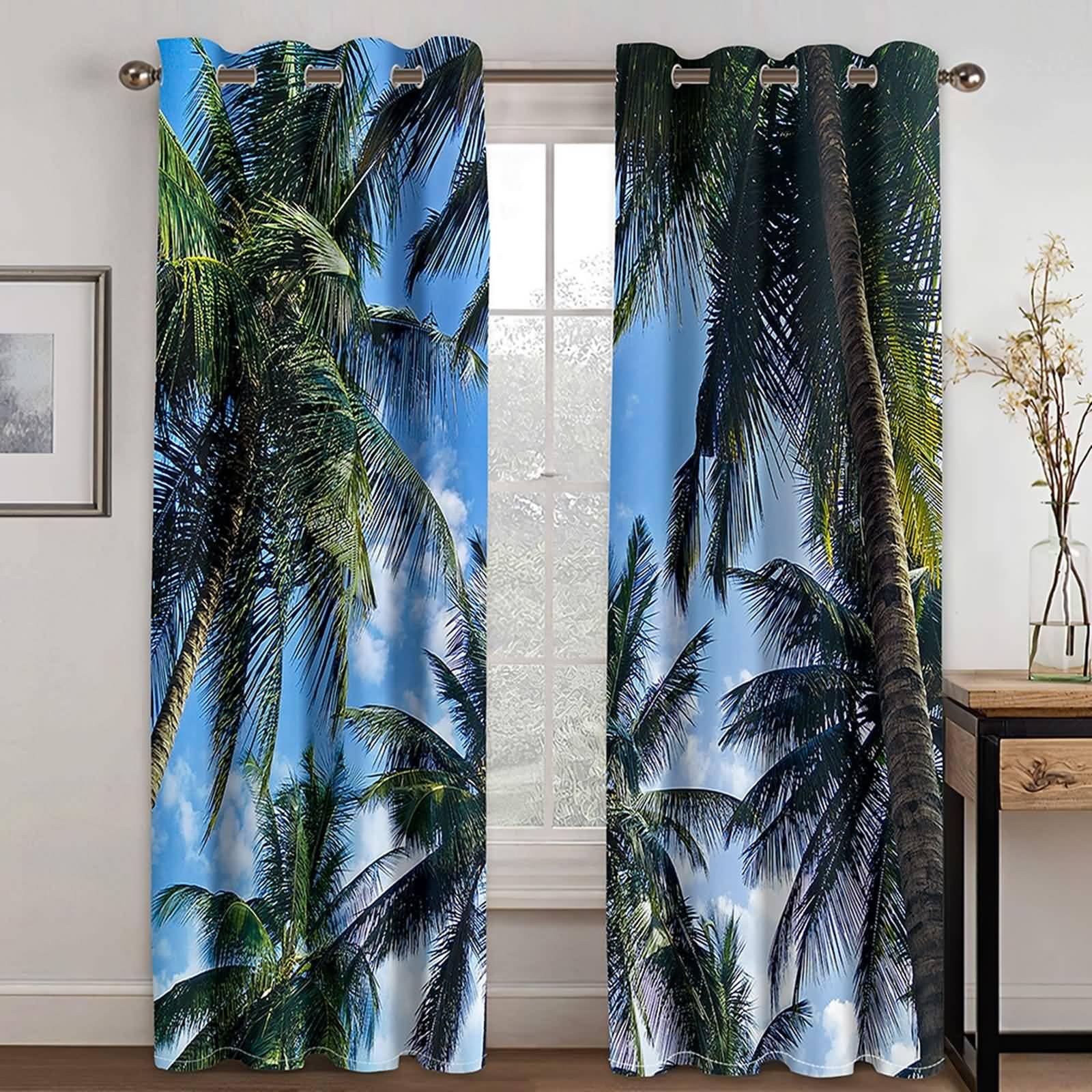 Verdunklungsvorhänge mit Ösen, 234x244cm Blau Grün Blauer Himmel und Kokospalmen Vorhang für Schlafzimmer/Wohnzimmer