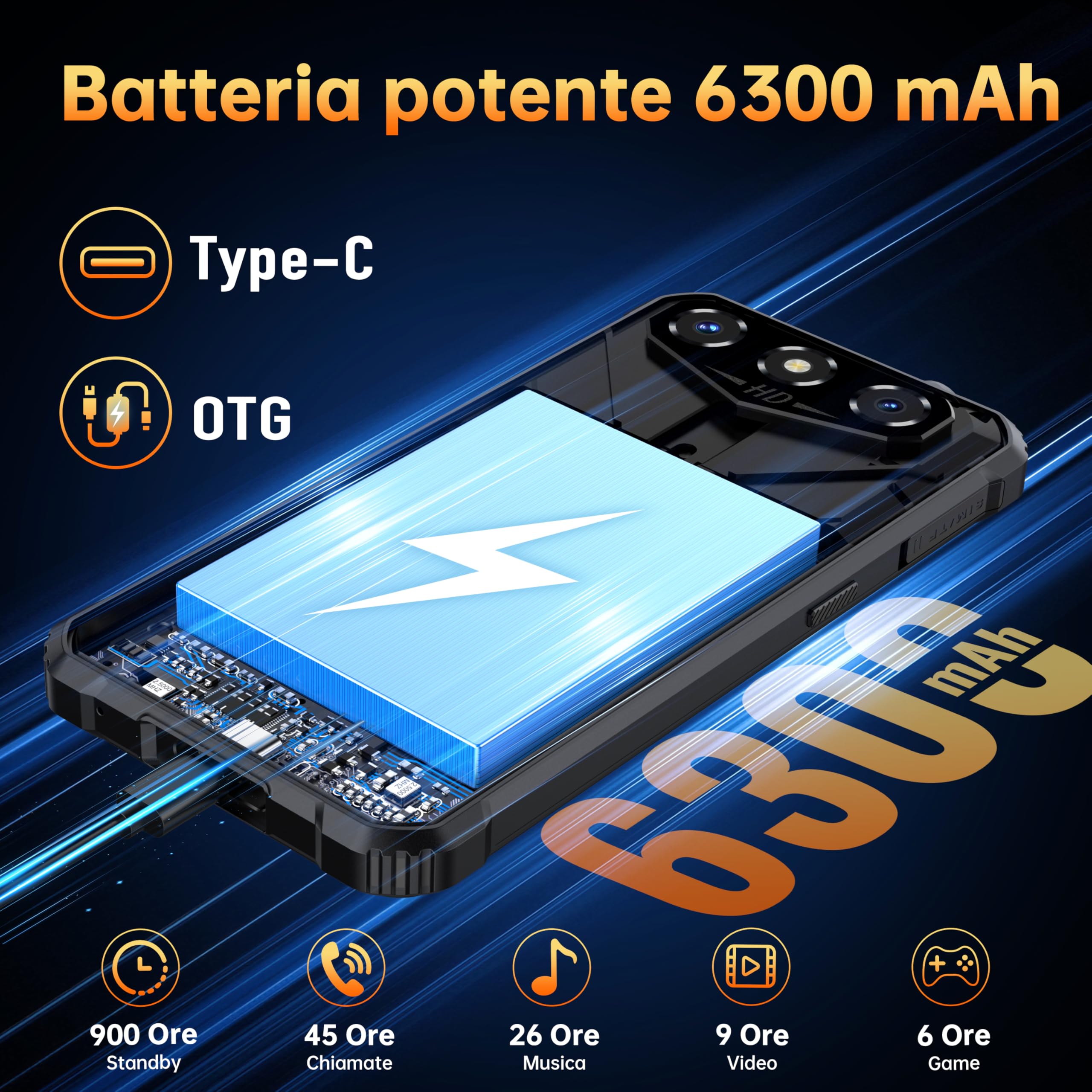 OUKITEL G3 Rugged Smartphone - 2025, 16GB+128GB/1TB Telefono Indistruttibile, 6" HD Display 6300mAh 13MP IP68/IP69K Corning Glass 5 Cellulare Robusto, OTG/GPS/4G Dual SIM/Face ID/3.5mm jack, Arancione