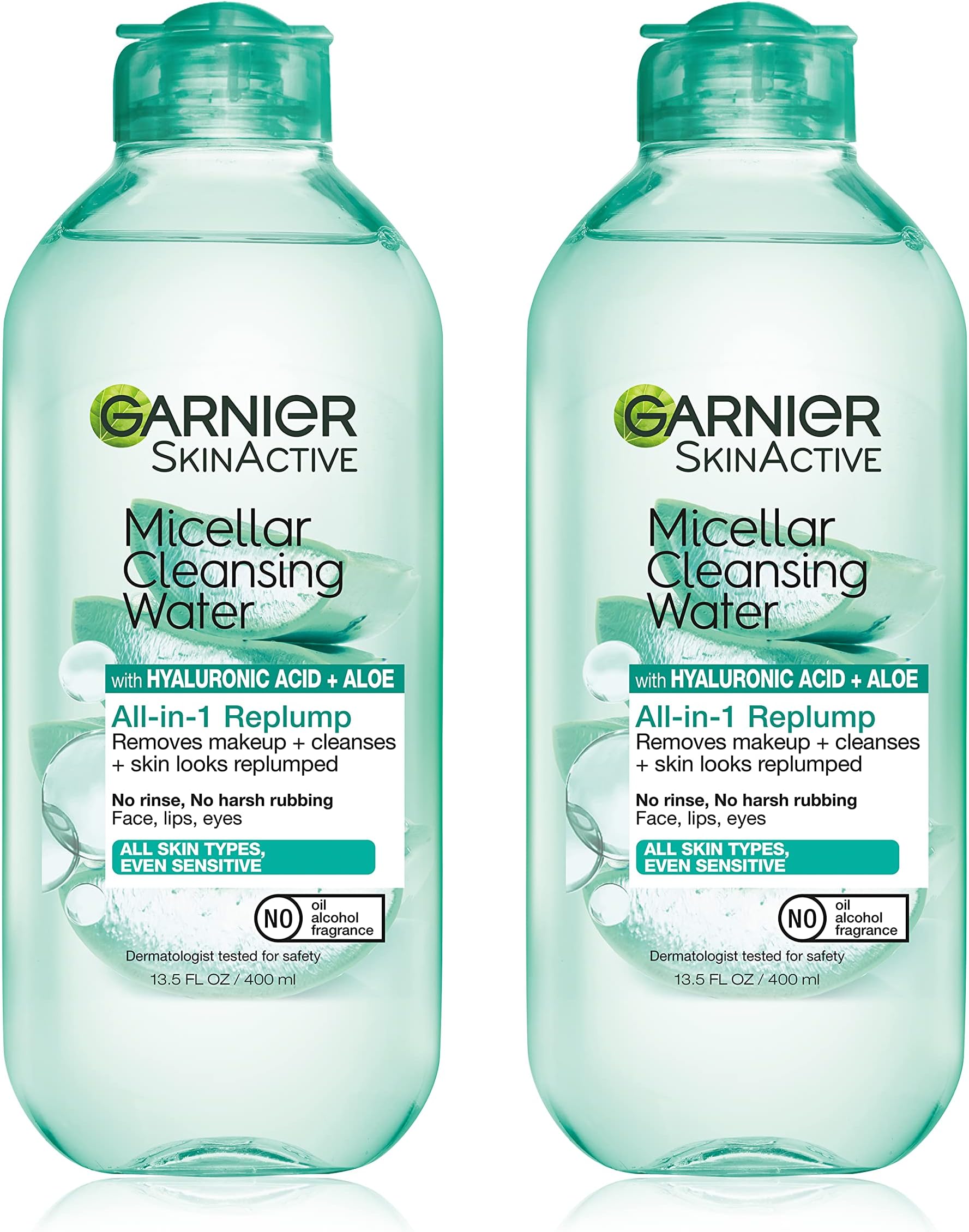 Micellar Water with Hyaluronic Acid, Facial Cleanser & Makeup Remover, Hydrating and Plumping, For All Skin Types, Vegan, Cruelty Free, 13.5 Fl Oz (400mL), 2 Count