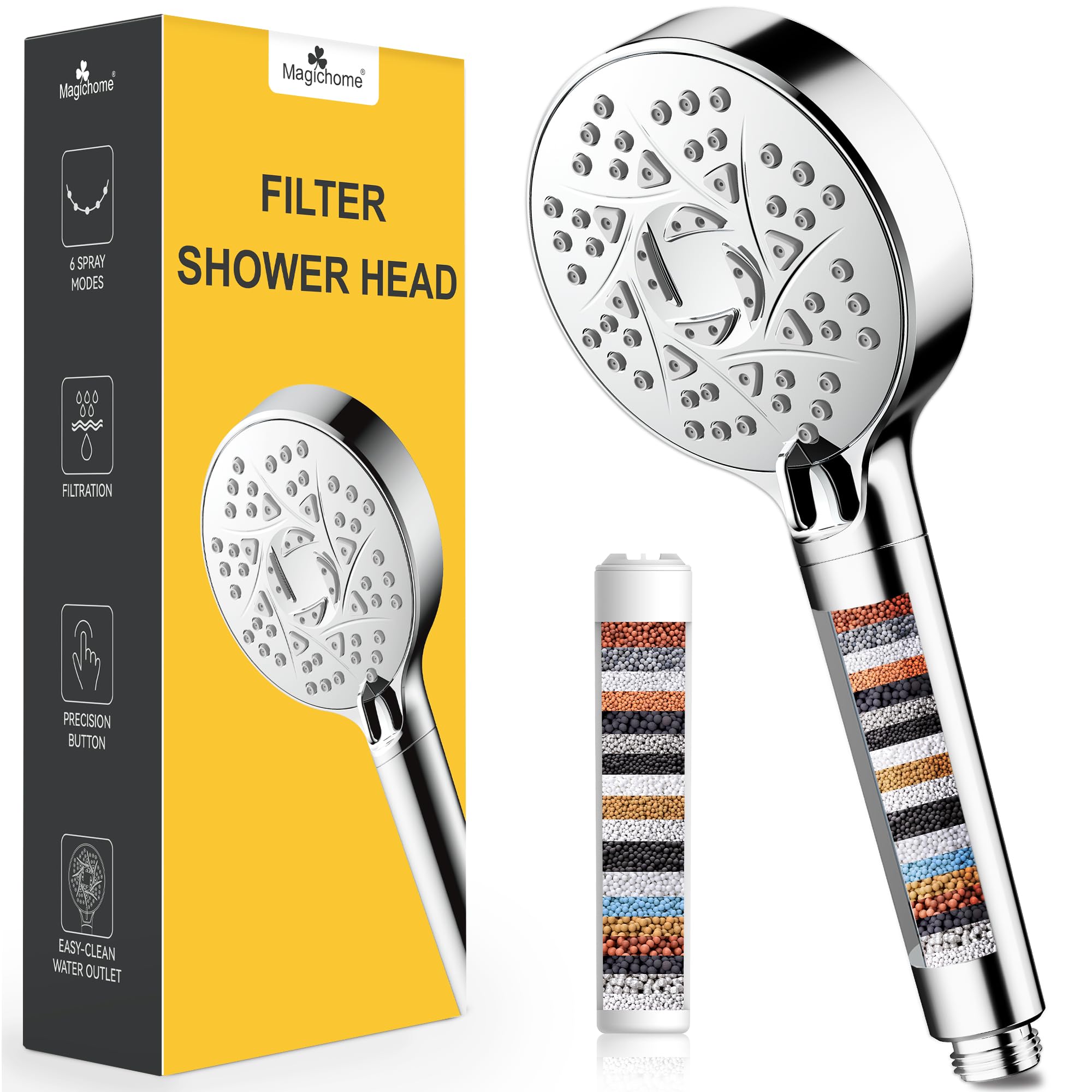 Magichome Duschkopf mit Filter in 25 Schichten, Hochdruck Handbrause 6 Strahlarten, Duschkopf Wassersparend mit Filtration Regendusche Druckerhöhend Sparduschkopf für Hartes Wasser, Rest-Chlor