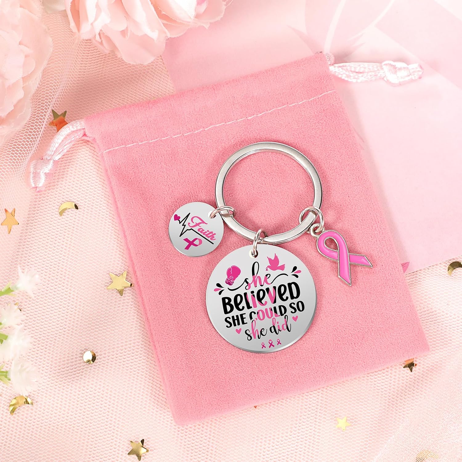 Konsait Breast Cancer Keychain, Breast Cancer Survivor Gifts She Believed She Could So She Did Inspirational Keychains for Women Girls Pink Ribbon Accessories Inspirational Gifts Party Favor - Image 7