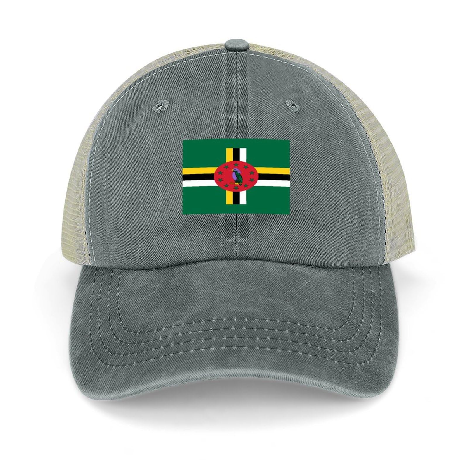 Yelolyio Unisex Gray Dominica National Flag Adjustable Mesh Back Cap Dominica Baseball Caps Country Pride Mesh Baseball Cap Retro Washed Trucker Cap Breathable Sun Hat