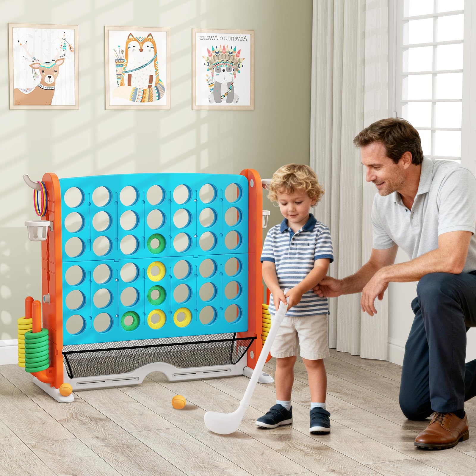 COSTWAY Juego Gigante 4 en Raya, 4 en 1 Juego de Conecta 4 Gigante con Lanzamiento de Aros, Aro de Baloncesto, Palo de Golf, Portavasos y Bolsa de Almacenamiento, 4 Alturas Ajustables (Azul)