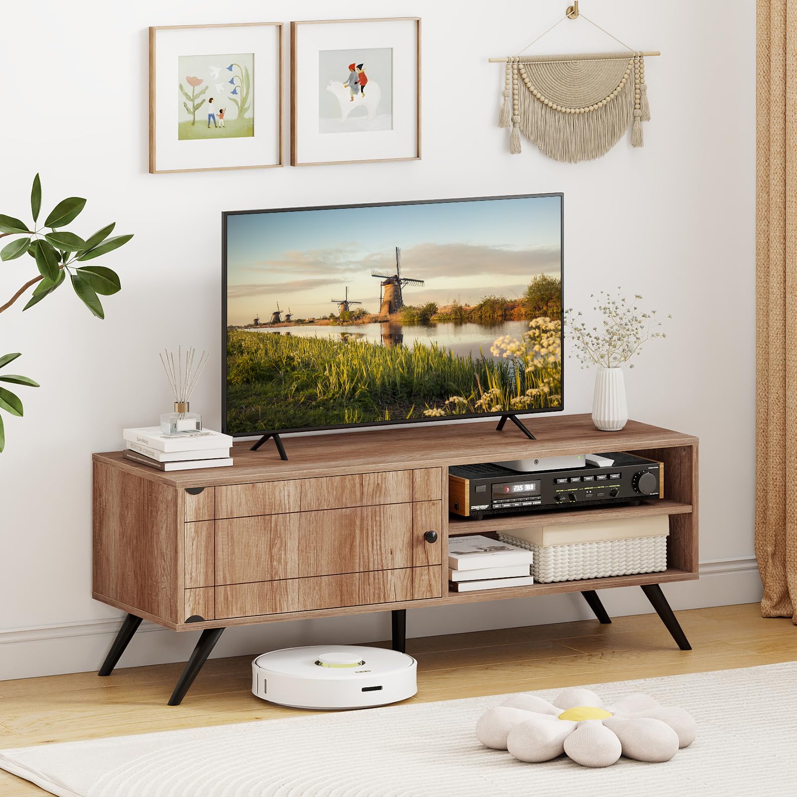 COSTWAY Mobile Porta TV in Legno, Fino a 55 Pollici, Mobile TV Soggiorno | Stand Videogiochi e DVD con 1 Anta, 2 Scomparti e Passacavi, per Camera da Letto, Soggiorno, 120 x 40 x 44,5 cm