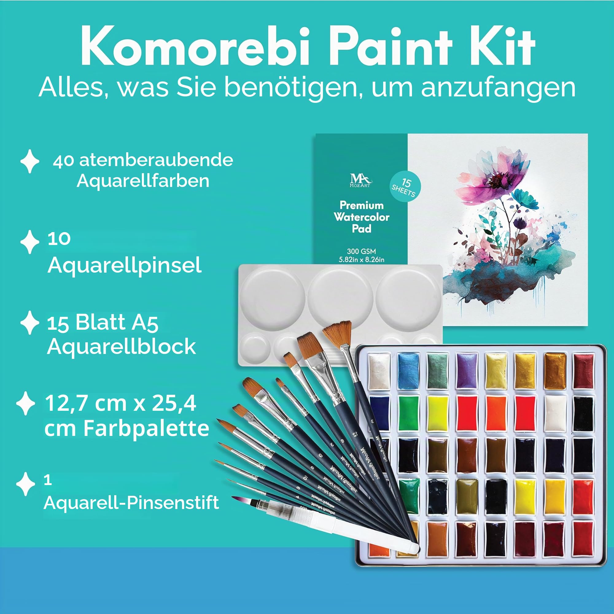 Mozart Premium japanisches Aquarellfarben-Set mit komplettem Zubehör, 40 reichhaltige Wasserfarben, inklusive Pfannen, Palette, Stift, Pad, Pinsel, Metallic- und Neon-Wasserfarben, perfektes