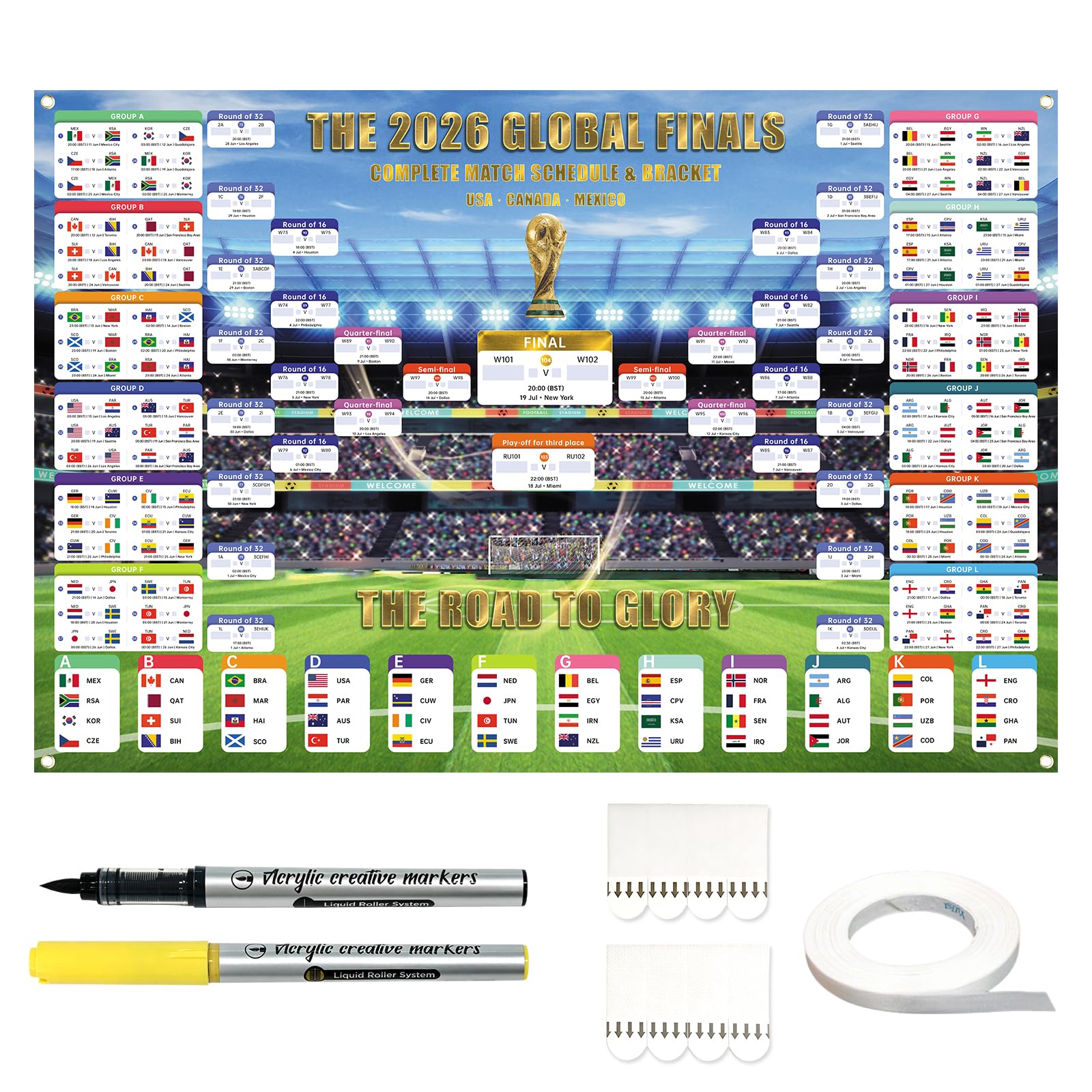 World Cup 2026 Wall Chart, 150x100cm Football Schedule Poster with Full Fixtures for 48 Teams, Extra Large Soccer Tournament Banner Backdrop with 2 Marker Pens, 4 Velcro for Party Decor and Fan Gift