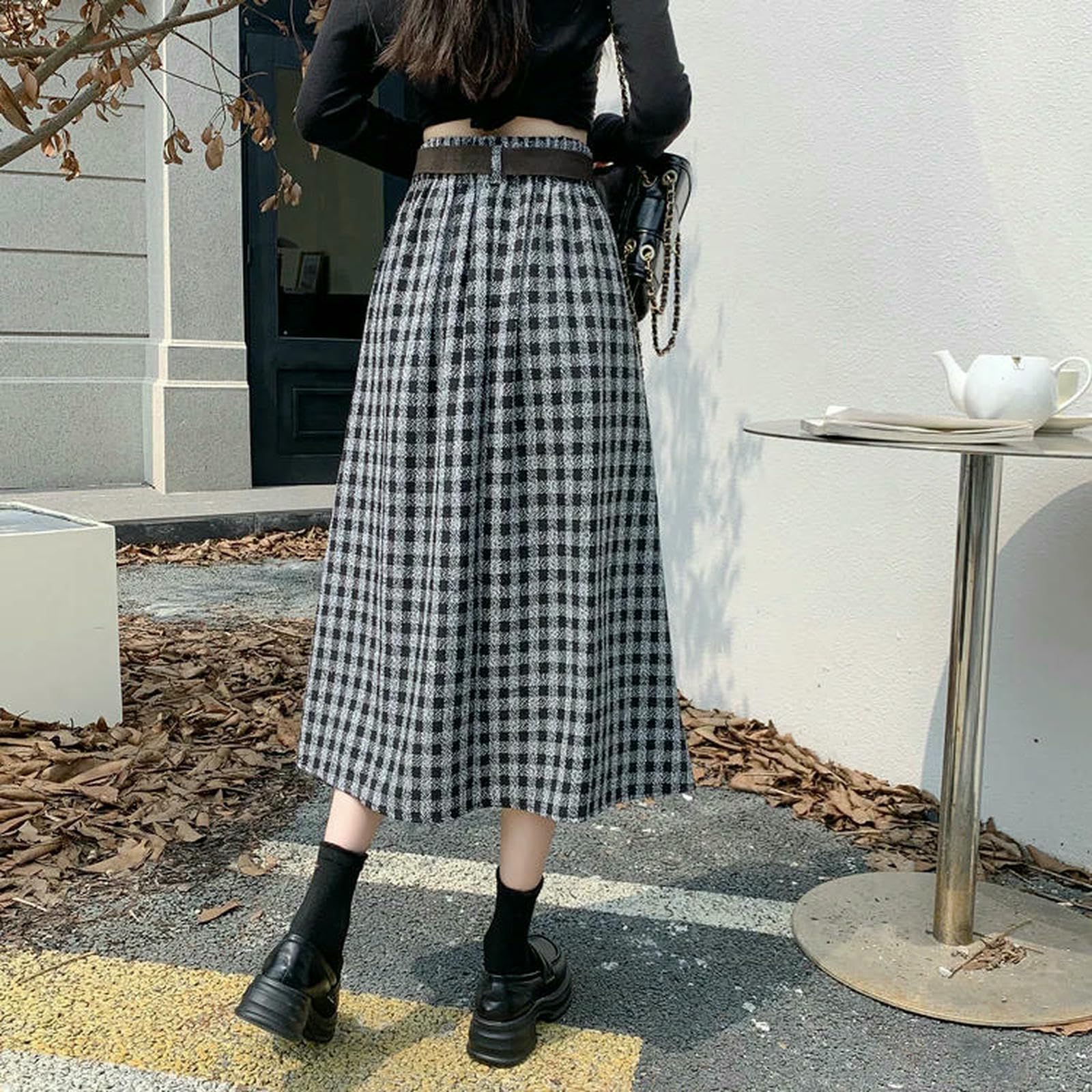 Gonna Lunga Gonne A Trapezio da Donna Vintage Autunno Inverno con Cintura Vita Alta, Larghe Casual Ombrello-Nero-l