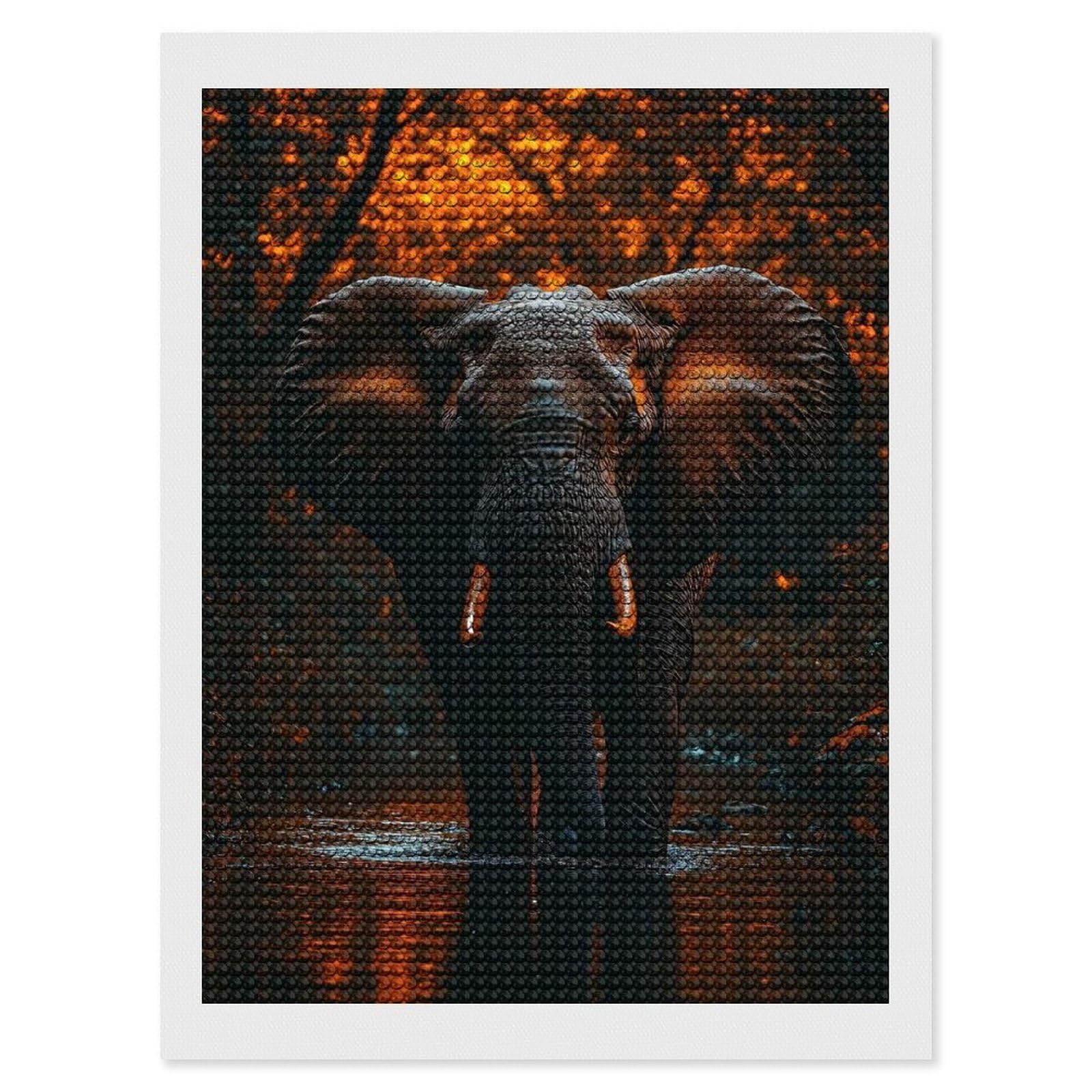 Junmoney Elephant Wading Through Water, Forest Background Full Drill Diamond Painting Kit 12"x16", for Teens, Adhesive Canvas, Bedroom Decor, Holiday Gift Idea