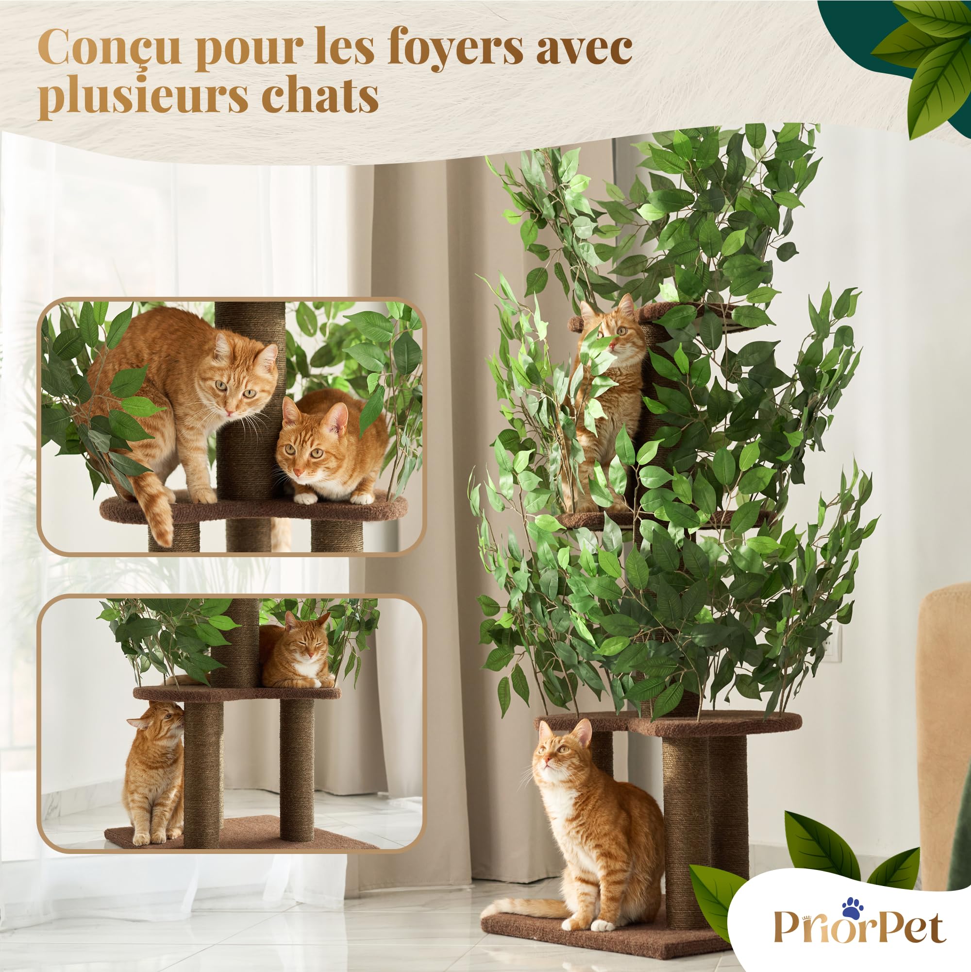 Arbre à chat 4 niveaux et 3 piliers à gratter Montage facile Stable et peu encombrant