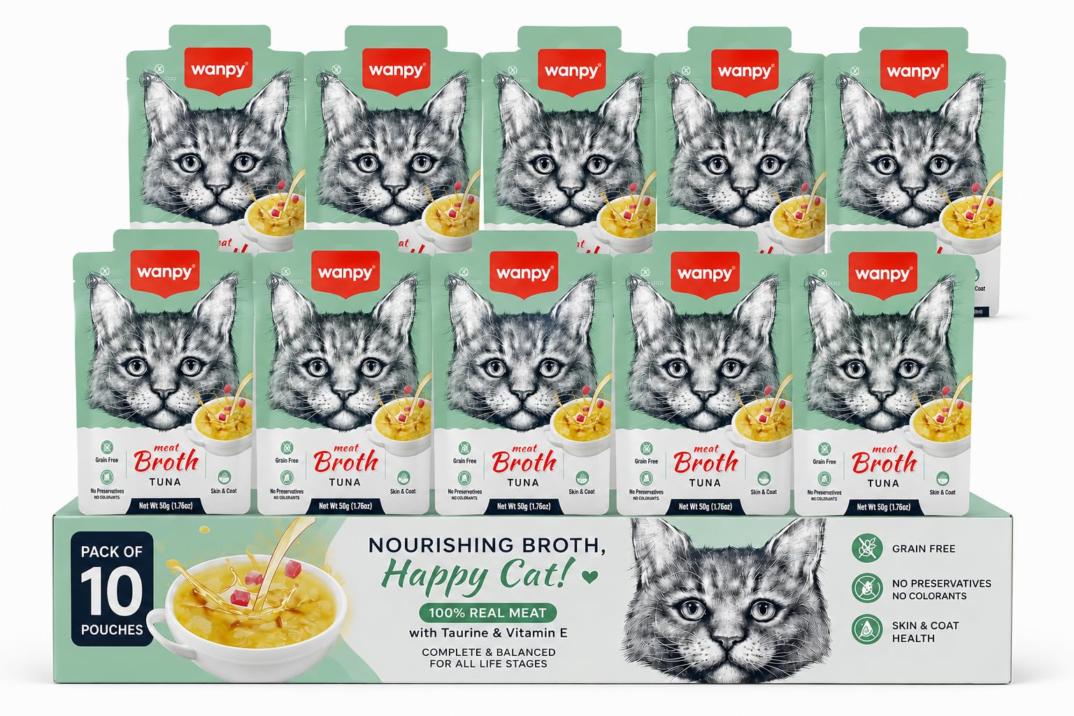 Wanpy Tuna Meat Broth Cat Food, 50g x 10 Pouch | Grain-Free Wet Cat Food Topper Tuna | Supports Skin & Coat Health | Taurine & Vitamin E | By DogsNCats-image-38