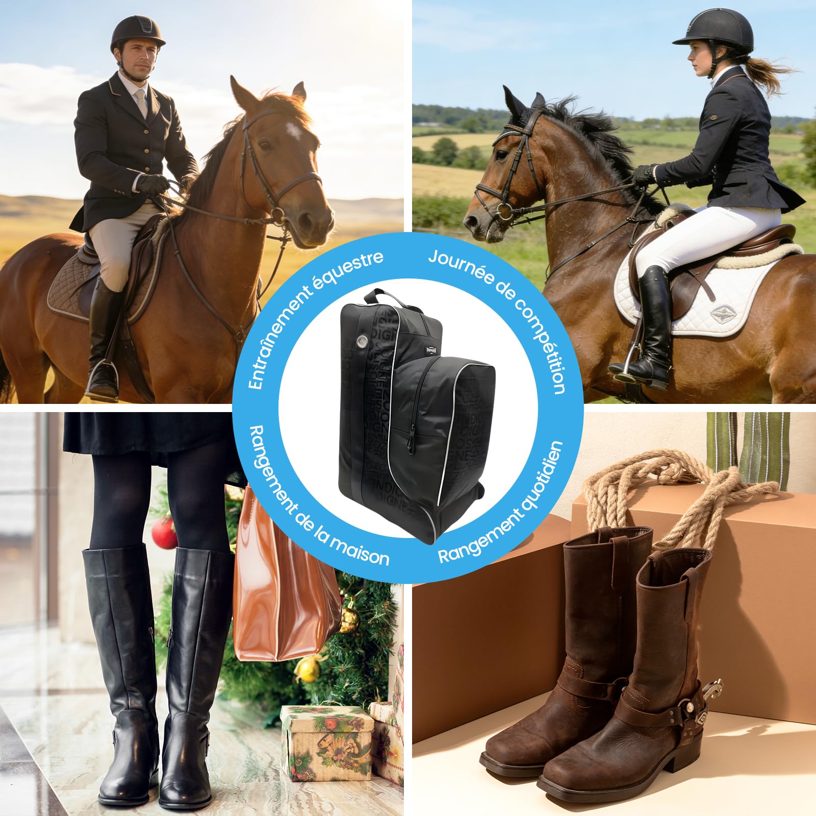 Pack Équestre, Sac de Transport Grande Capacité pour Bottes d'Équitation, Rangement Équestre en Tissu Oxford, Sac à Bottes Hautes avec Poignée pour Sport/Maison/Compétition/Équitation, Total Noir