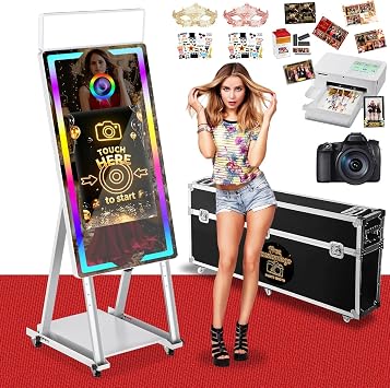 Magic Mirror Photo Booth, 40 Mirror Photo Booth with Camera and Printer, 22 Interactive Touch Screen, with Square Light, Instant Print Suitable for All Types of Photography Needs White