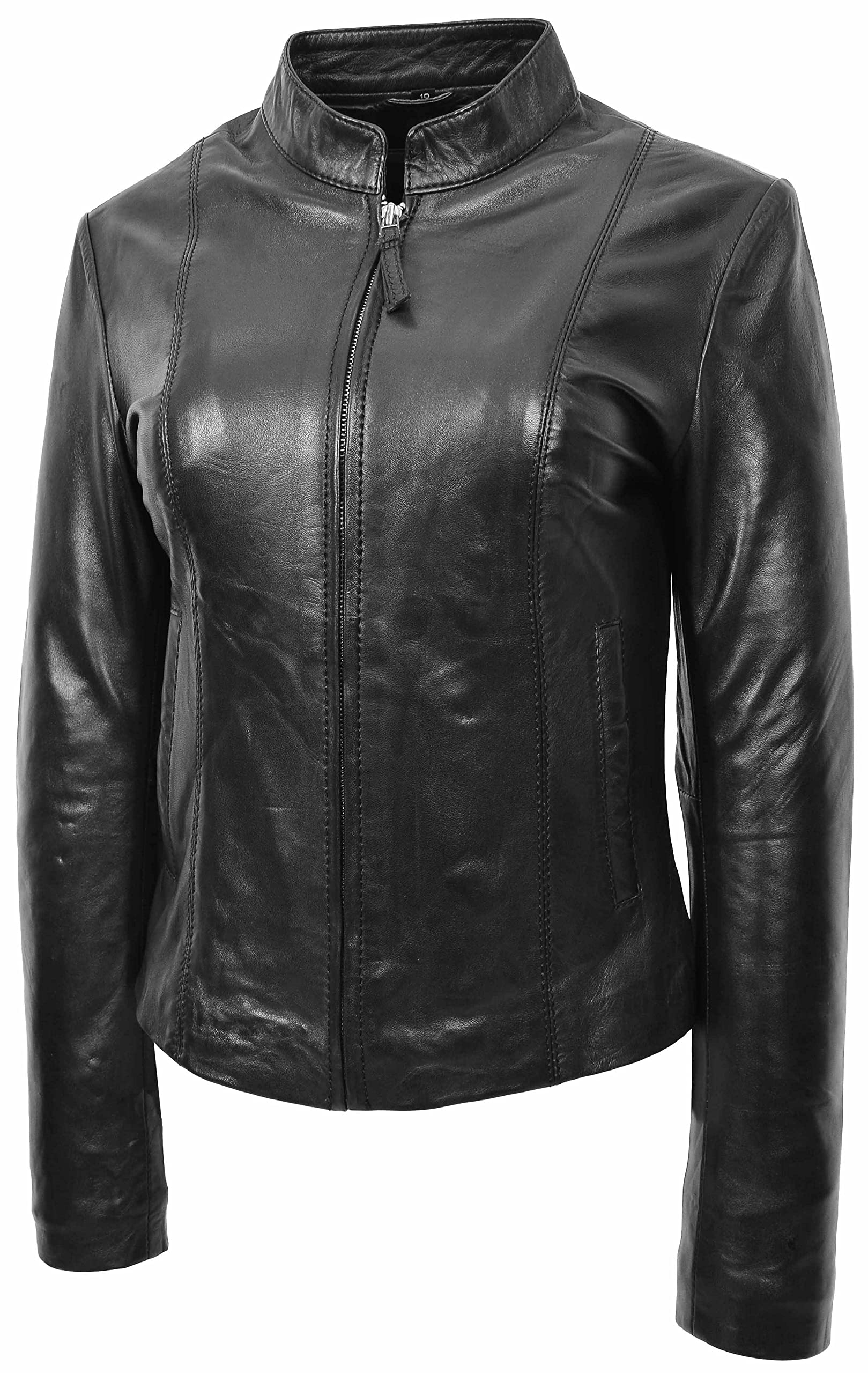 Damska kurtka motocyklowa z prawdziwej skóry, styl casual, Zoe, czarna, Czarny, 46