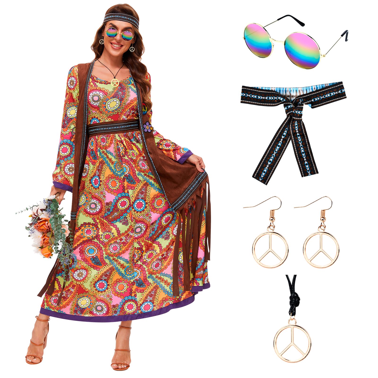 JONRRYIN Disfraz Hippie Mujer, Ropa De Los 70 Mujeres, 6 Piezas de Disfraz Hippie de los Años 60 para Mujer, Chaleco con Flecos, Pendientes, Diadema, Collar, Gafas de Sol