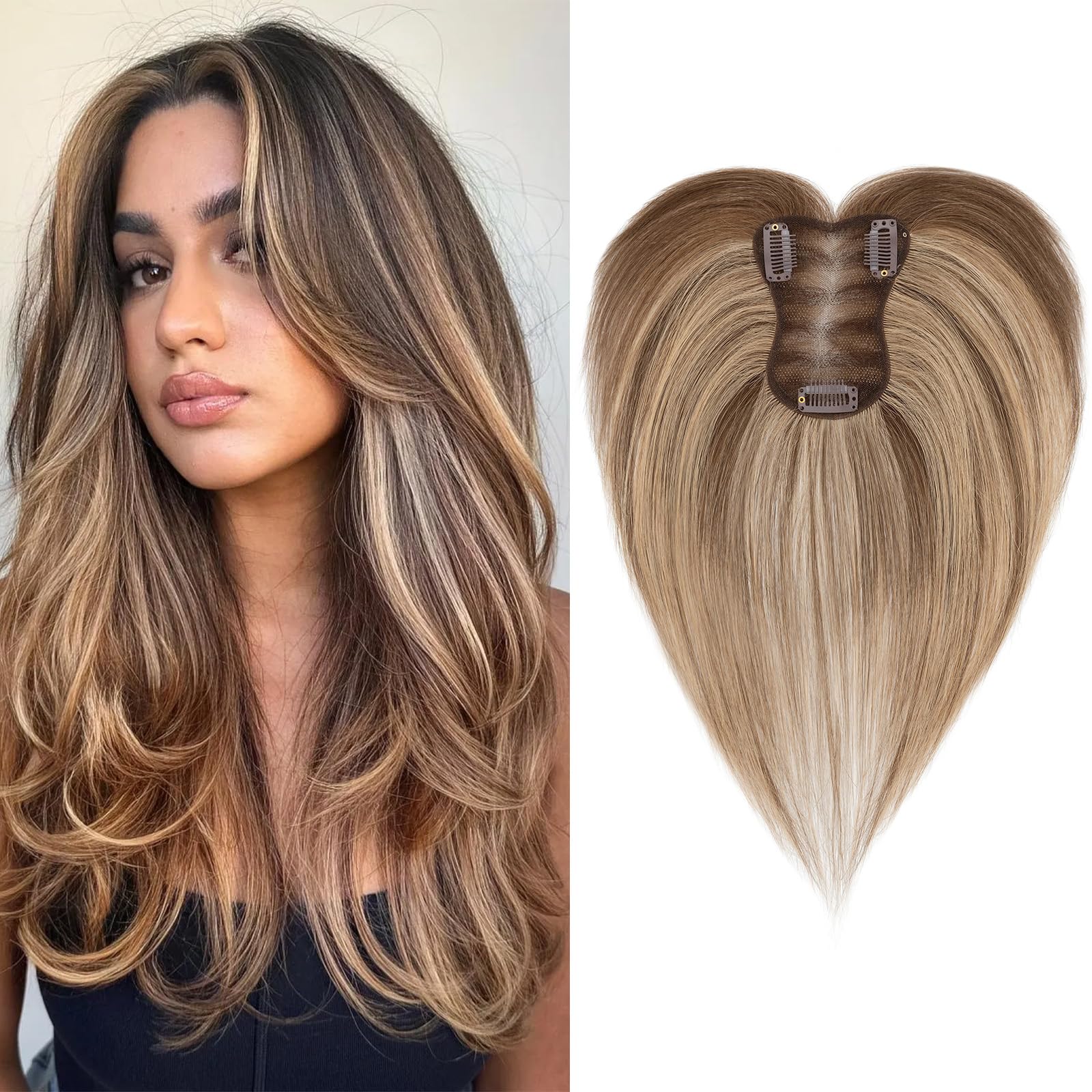 Elailite Protesis Capilar Pelo Natural Clip Mujer Marrón Medio Mecha Rubio Oscuro, 27.5cm 21g Capilares Cabello Humano Silk Lace 5cm*11cm #4P27
