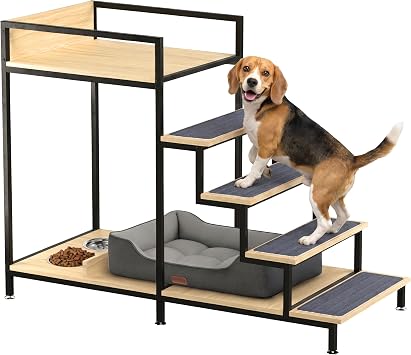 Dog Window Perch with Stairs - Multilevel Perch to Look Out Window with 130 lbs Load Capacity - Pet Bunk Bed with Feeding Station & Anti-Slip Carpet Natural Color