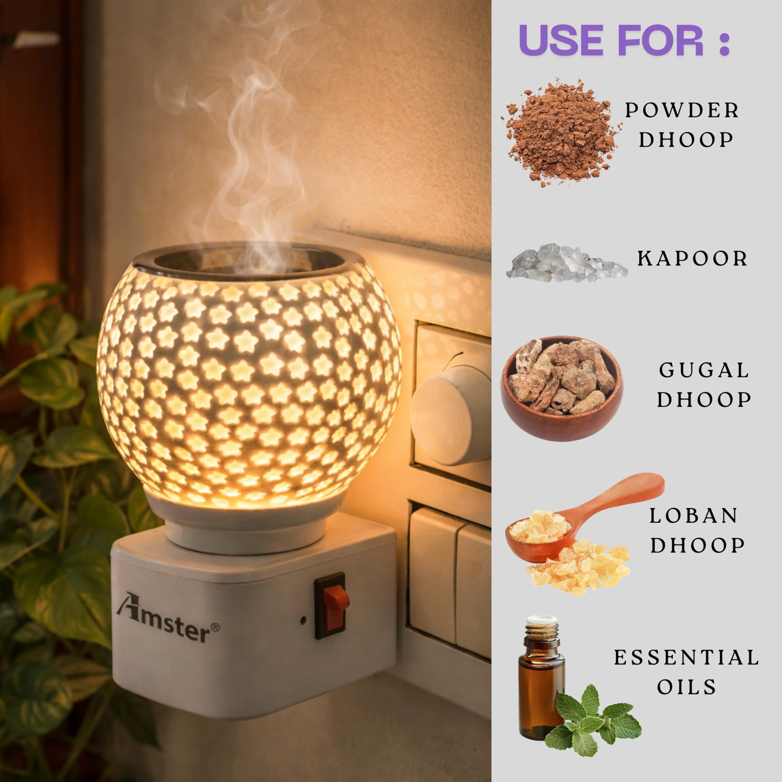 Amster Electric Kapoor Dani & Aroma Diffuser – 2-in-1 Multipurpose Incense Burner with Night Lamp – Ceramic Camphor Diffuser for Home, Office & Temple – Stress Relief & Spiritual Decor (KD1) 1