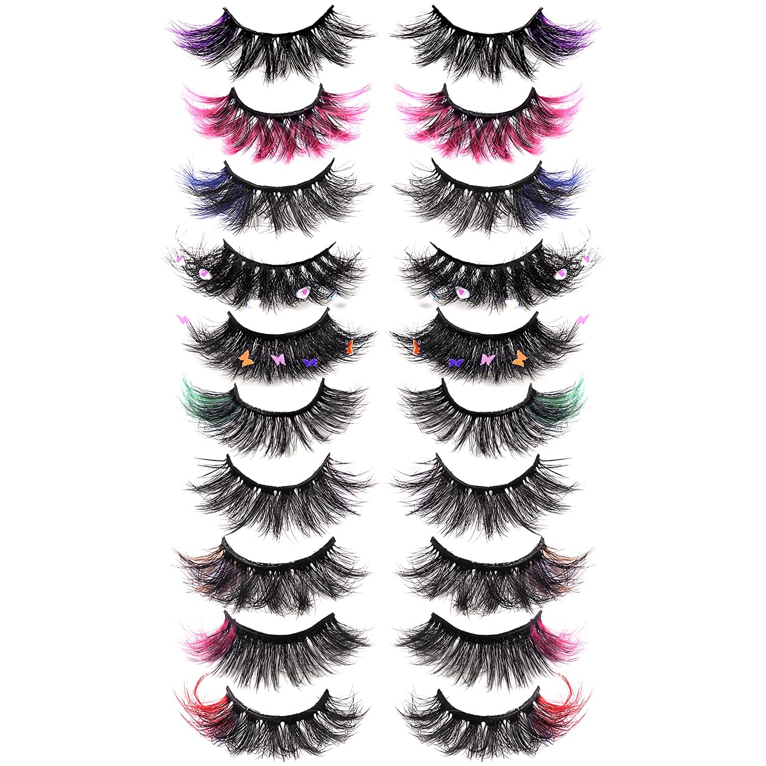 Lashes with Color on End Set, 6D Long Fluffy Faux Mink False Eyelashes with Rhinestone - Image 3