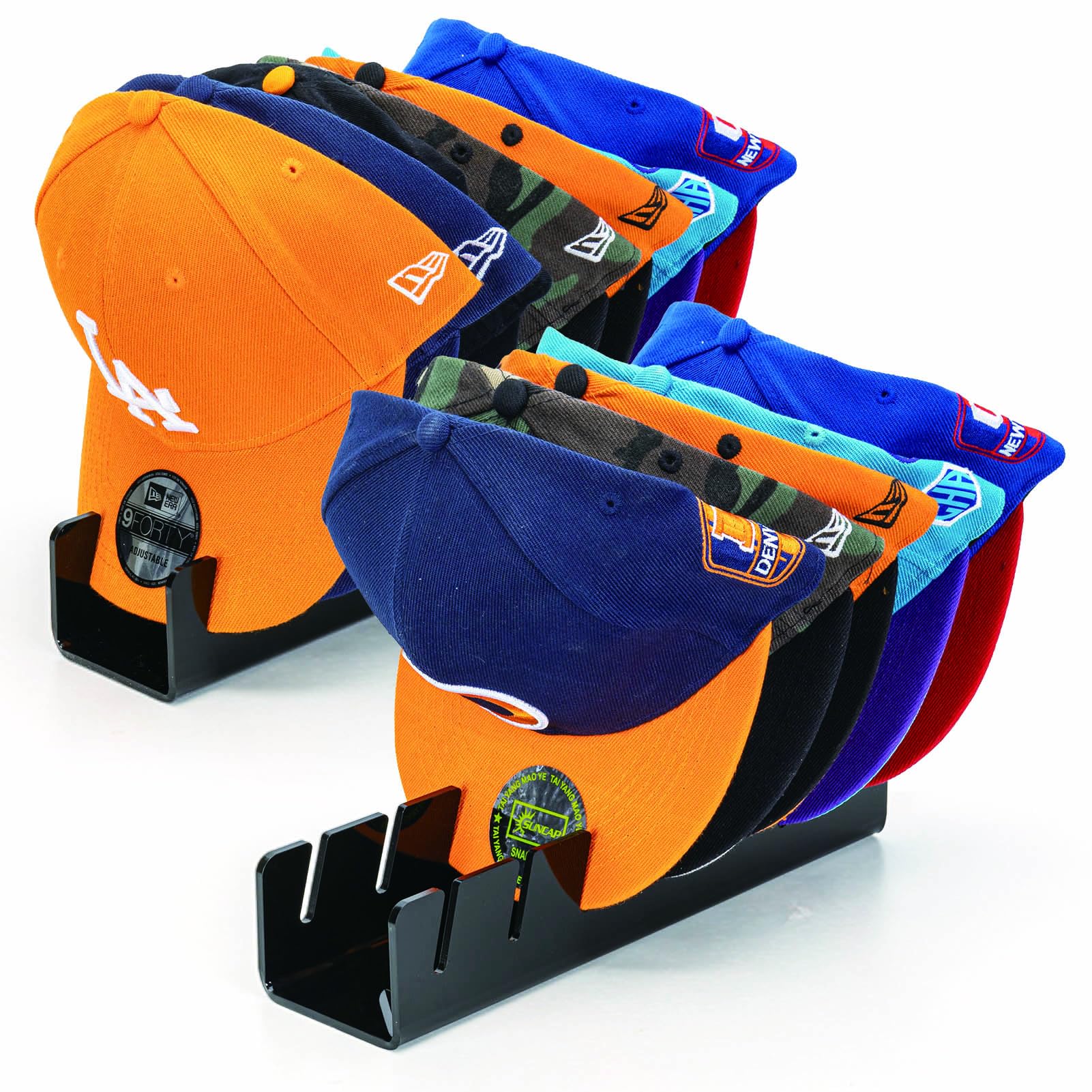 SIPRDE Hat Racks for Baseball Caps Display and Organizer - 2 Pack, No Install Acrylic Hat Racks for 14 Baseball Caps for Bedroom, Closet, Dresser(Black)