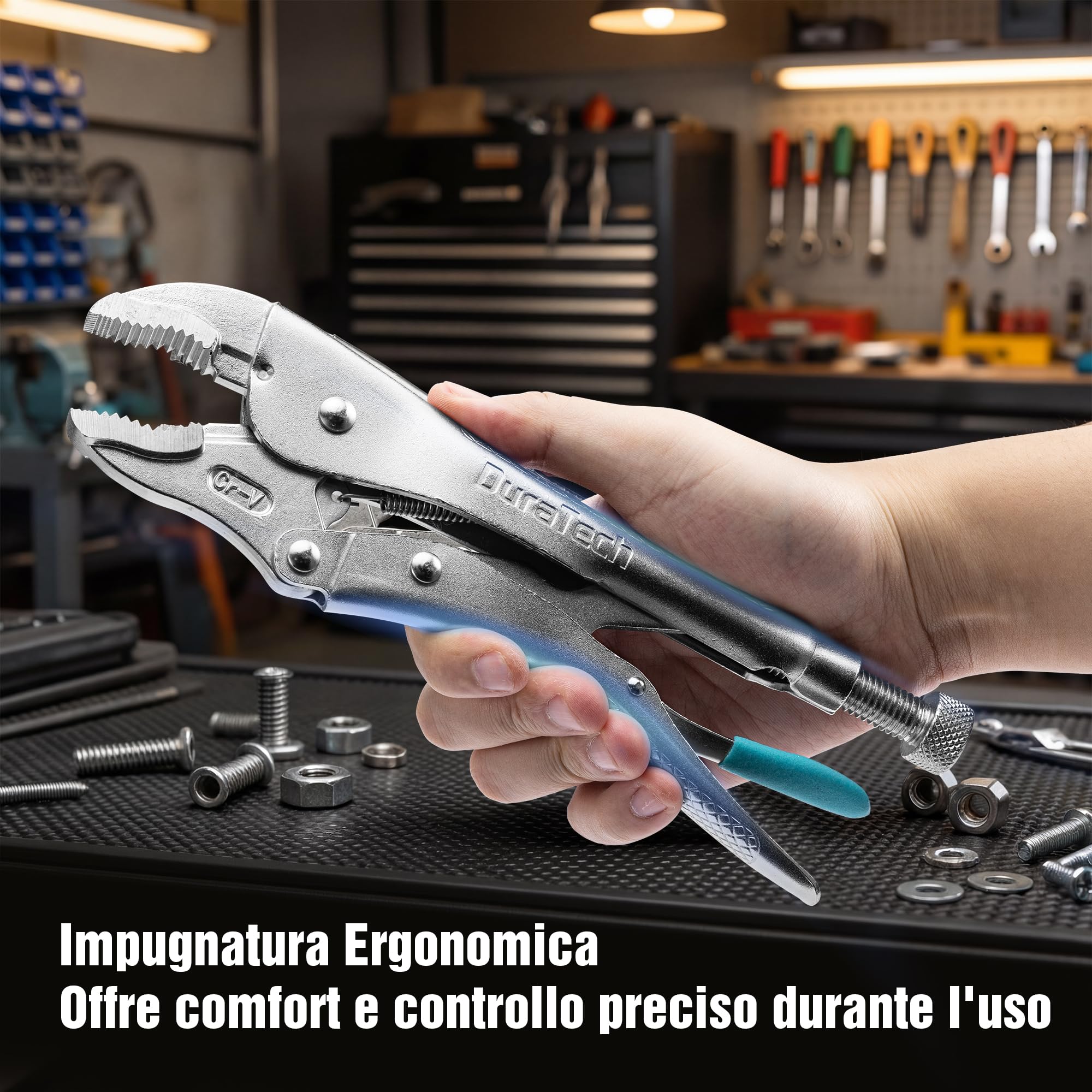 DURATECH 6 Pezzi Set di Pinze di Bloccaggio, 2 Pinze a Naso Lungo da 16,5 e 24 cm, 3 Pinze a Ganasce Curve da 12,7 e 17,8 e 25,4 cm, 1 Pinze con Morsetto a C da 15 cm, Custodia Incluso