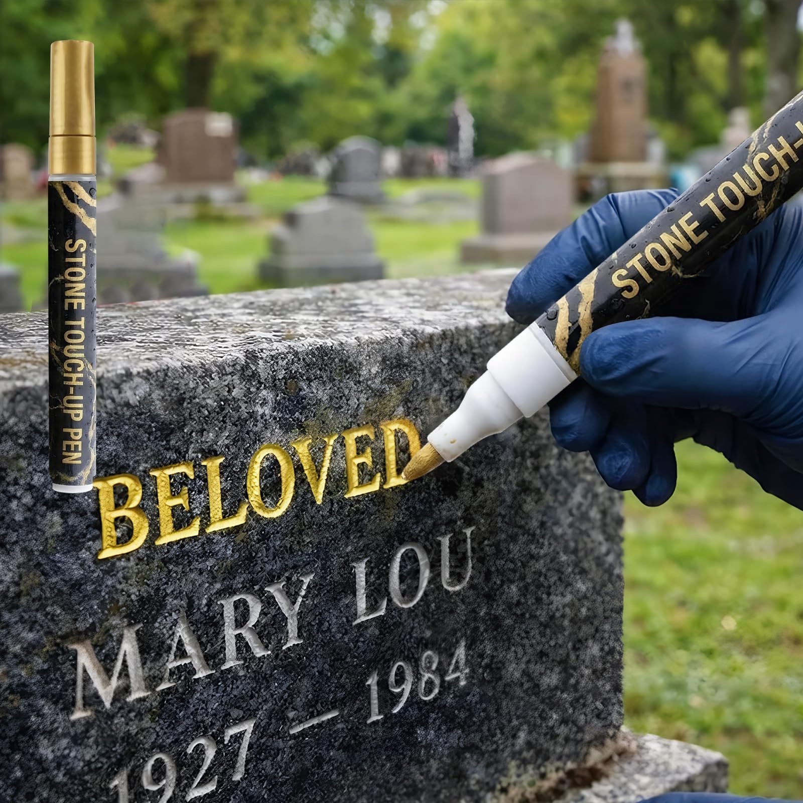 Spoworovi Golden Tombstone Marker Pen for Restoring Faded Grave Inscriptions, Strong Coverage Tombstone Marker Pen Gold, Waterproof Stone Touch-up pen for Gravestone Lettering & Memorial Inscriptions