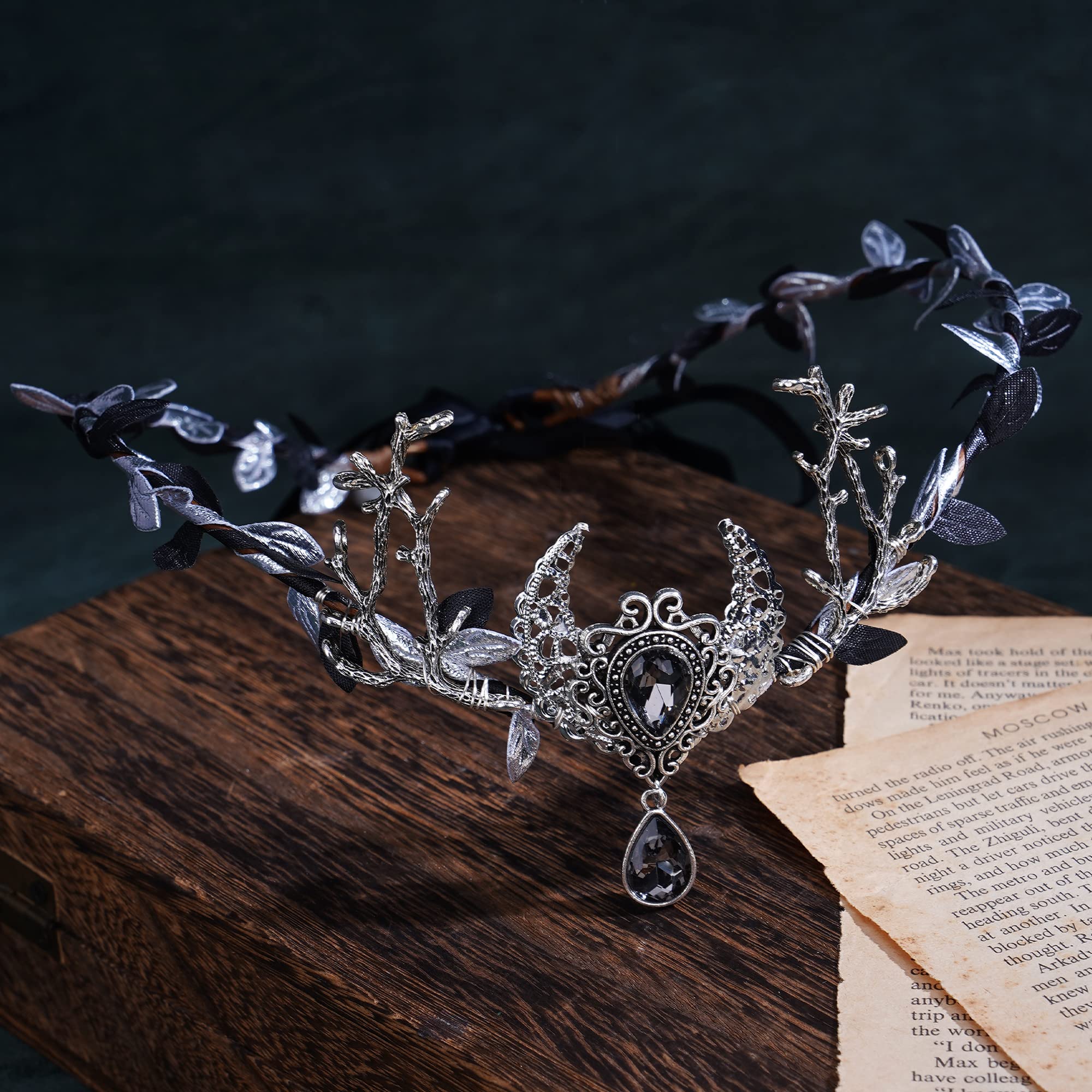 EUC Spell & The Gypsy Silver Dark Side Of The Moon Headpiece Crown Woodland Wedding Moonstone Amethyst Sapphire Tiara in  main image 2