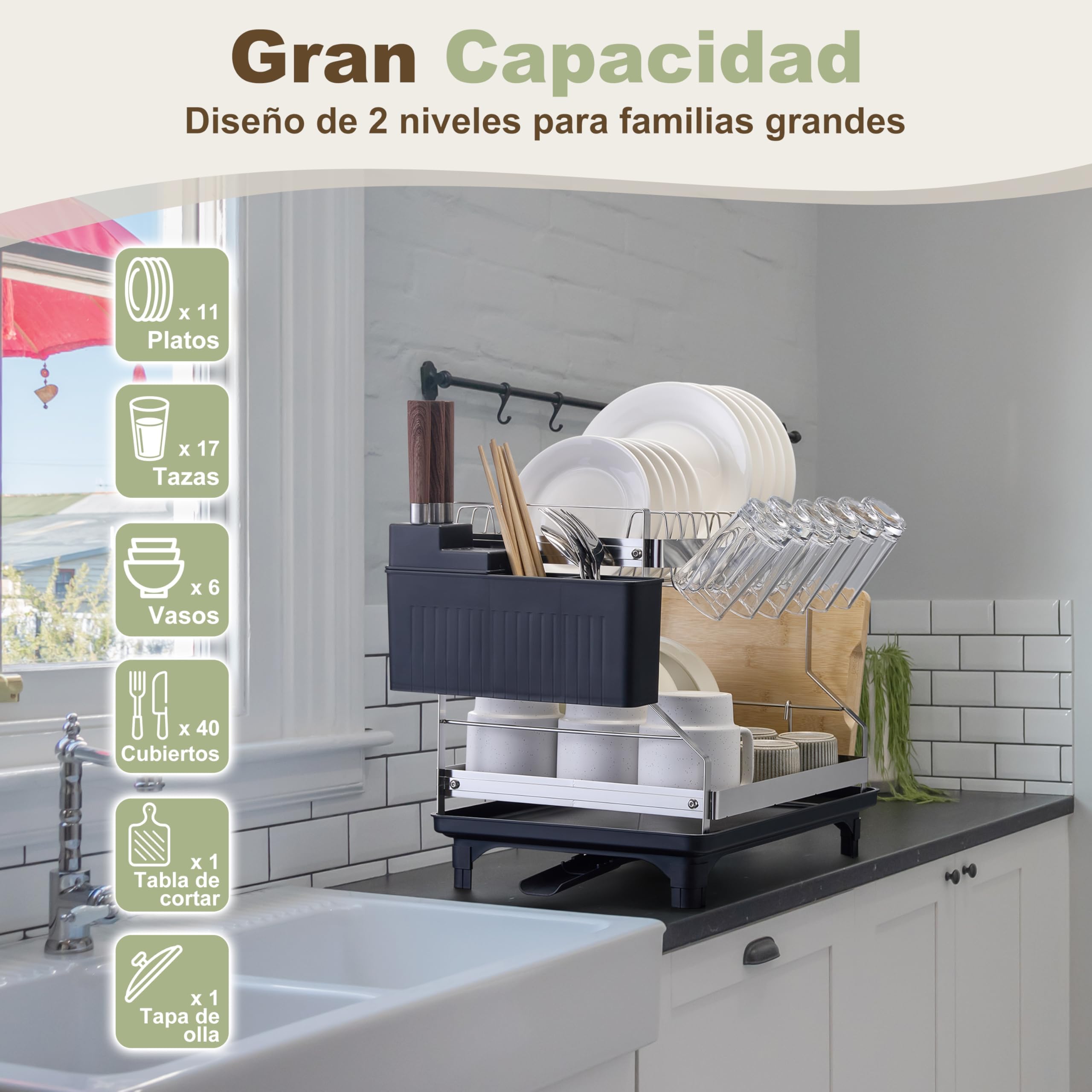 SerkaHome Estante Escurridor de Platos 2 Niveles Acero Inoxidable 304, Escurreplatos Cocina para Fregadero (42 x 29 x 35cm), Organizador de Cocina, Gran Capacidad, Resistente a la Corrosión y al Óxido
