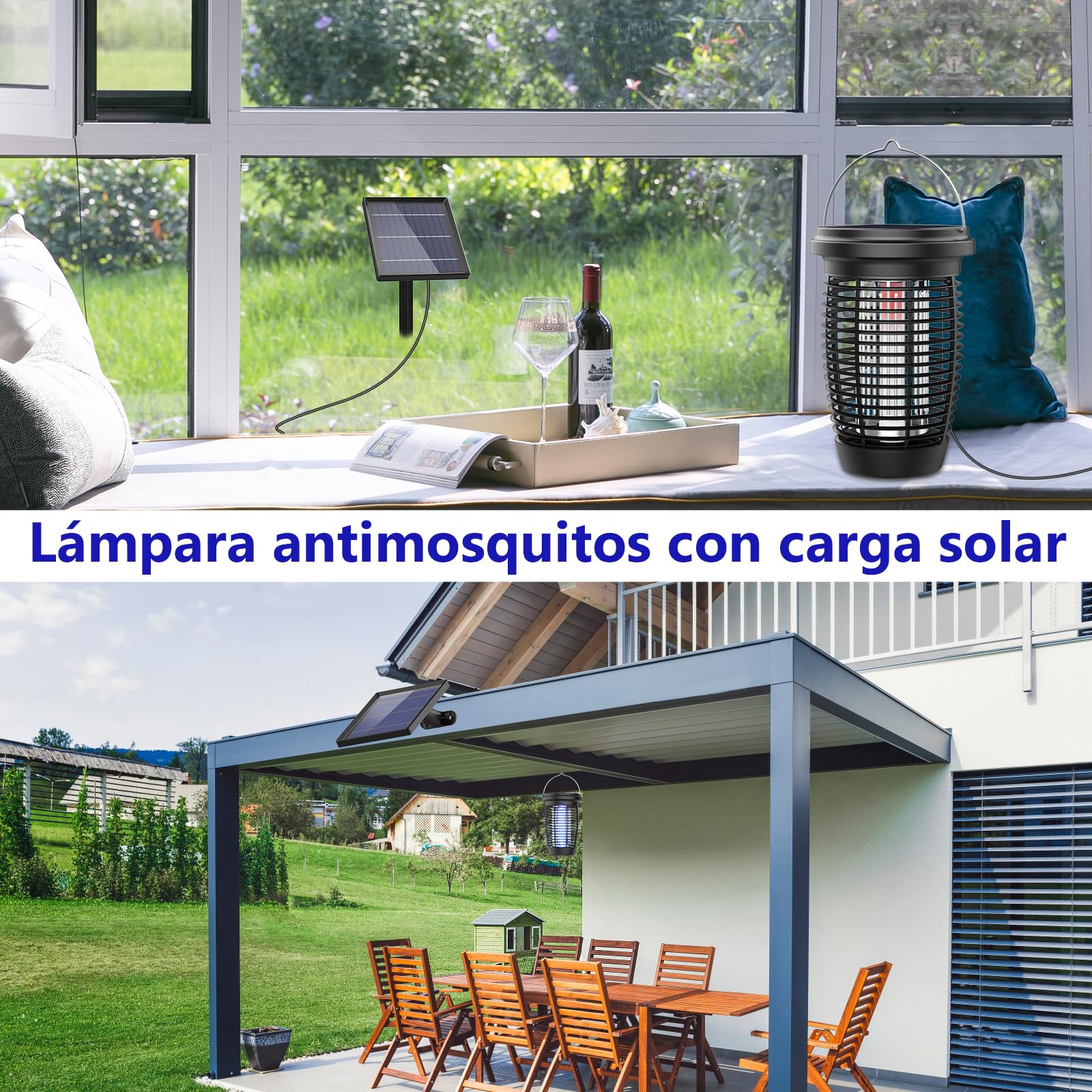 PALONE Lampara Antimosquitos Solar Type-C 4500v con Cable De 3,5 M, Antimosquitos Electrico Panel Solar de 5,5 W, Adecuado para Acampar y para Interiores y Exteriores
