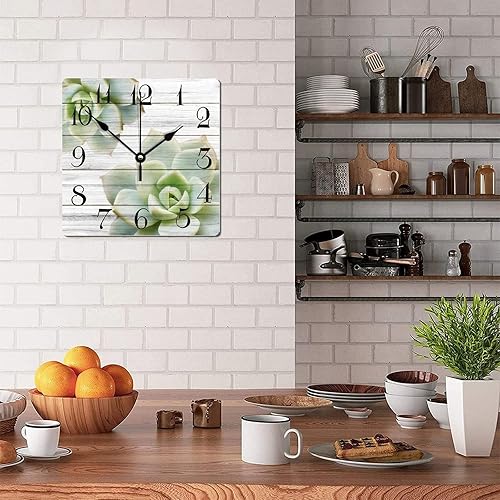 Miniatura 4 de Reloj de pared de madera de 15 pulgadas, diseño de plantas suculentas, ligero y fácil de leer, reloj de pared de madera desgastada para colgar en la