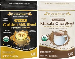 DelighTeas Organic Golden Milk and Masala Chai blends | Great for hot & Iced latte and as a healthy boost to smoothies, baking and cooking | Caffeine Free, Vegan, Keto