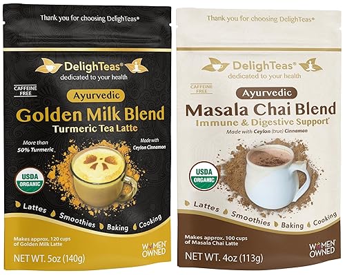 DelighTeas Mezclas orgánicas de leche dorada y Masala Chai  Ideal para café con leche caliente y helado y como un impulso saludable para batidos,