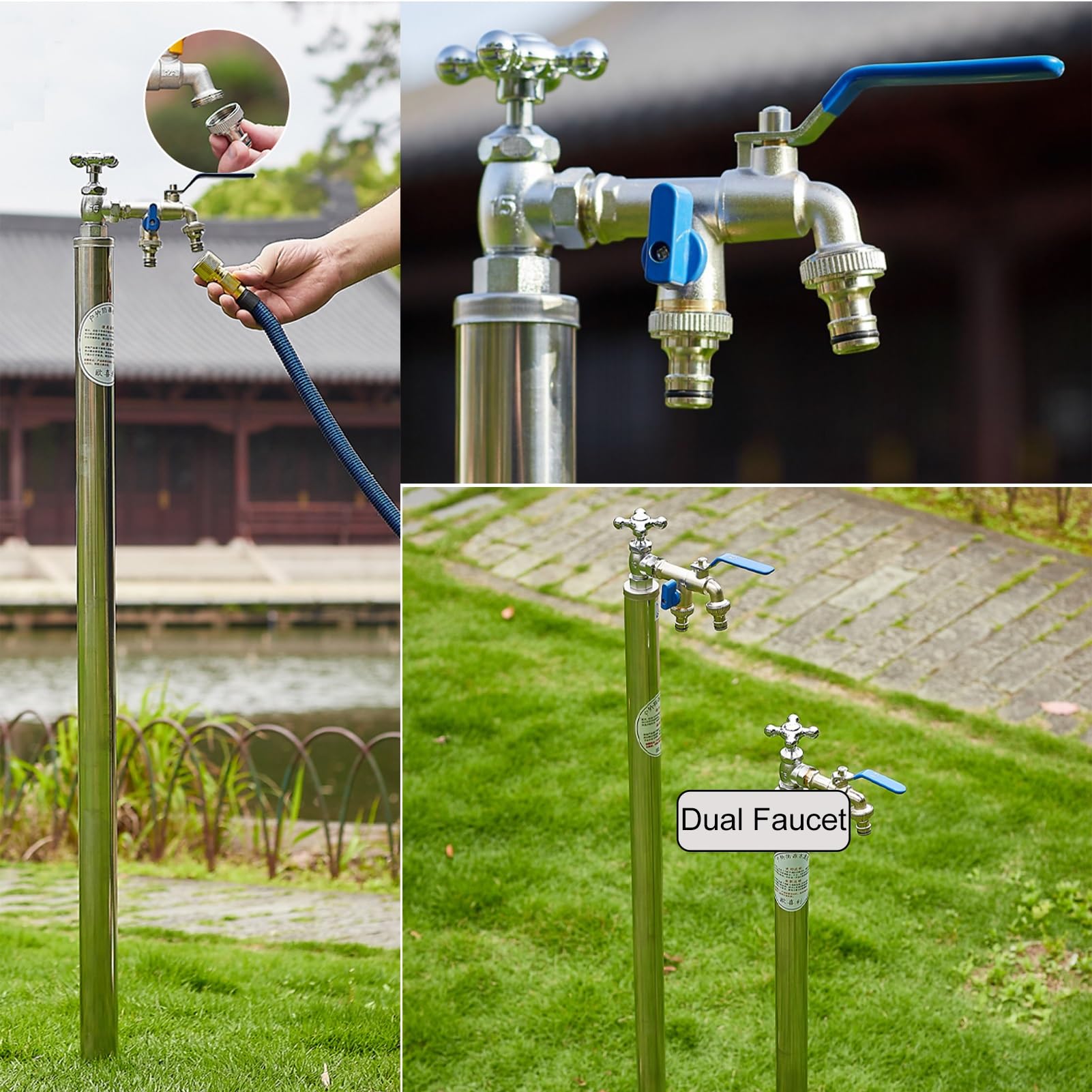 Columna de agua de jardín con grifo de 39 pulgadas, suministro de agua de doble grifo para uso en exteriores, manguera de jardín de 1 2 pulgadas, ideal para lacaping y jardinería