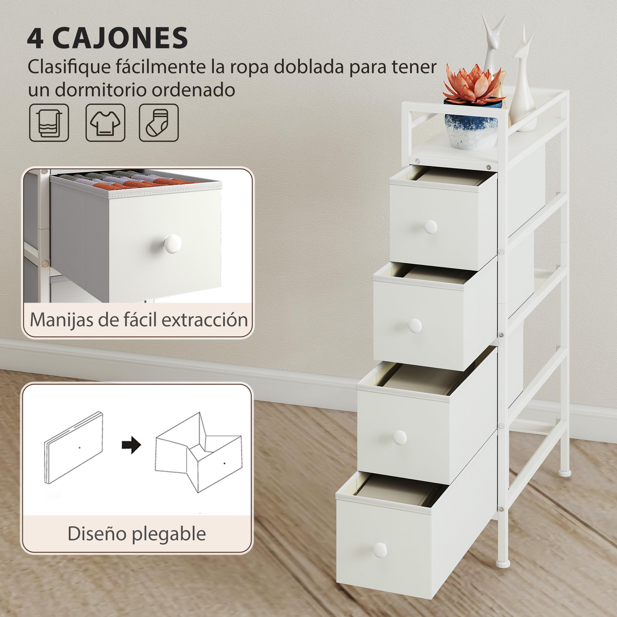 HOMCOM Cómoda con 4 Cajones de Tela, Cómoda para Dormitorio Estrecha con Marco de Acero, Cajonera para Espacios Pequeños, Sala de Estar, Vestidor, Baño, Blanco