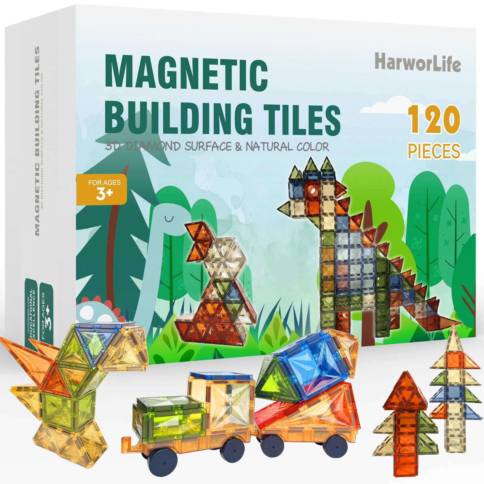 120 PCS Magnetic Tiles, Diamond Magnet Tiles with 2 Cars Magnetic Blocks STEM Toys 3D Kids Preschool Educational Sensory Toys Gift for Toddlers Kids Boys Ages 3 4 5 6 7 8 9+ Year Old