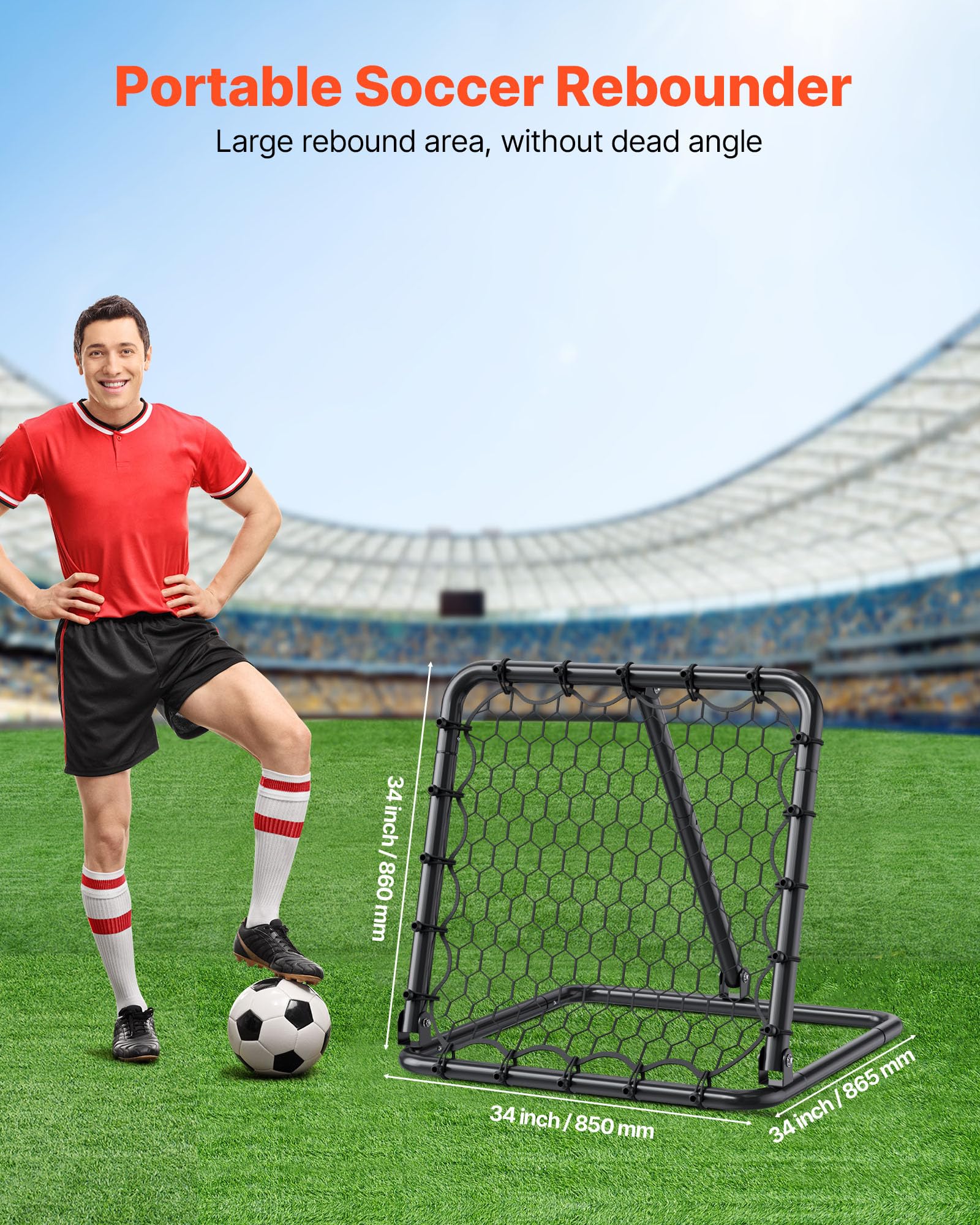 VEVOR Rete da Rimbalzo da Calcio 86,36 x 86,36 cm Rete da Porta, Angoli Completamente Regolabili, Attrezzature per Bambini, Adolescenti e Tutte le Età, Facile Installazione e Conservazione Perfetta