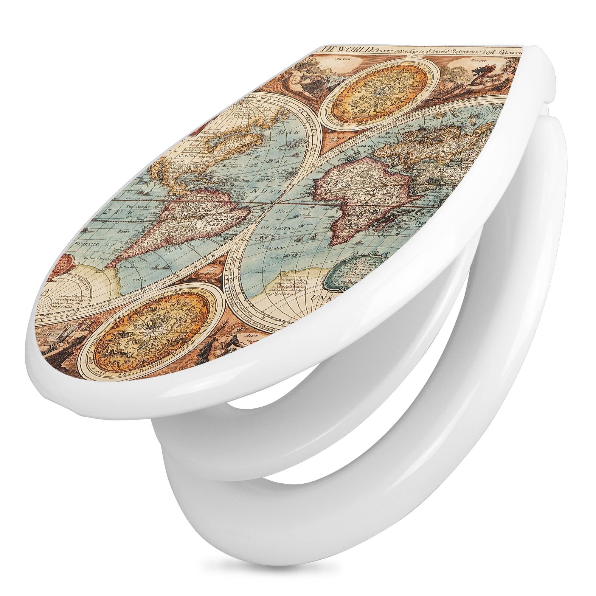 banjado Familien WC Sitz mit Absenkautomatik 44,9x37,1cm - Klobrille mit Kindersitz aus hochwertigem Polypropylen - Toilettendeckel mit Kinder Toilettensitz integriert - Motiv Historische Weltkarte