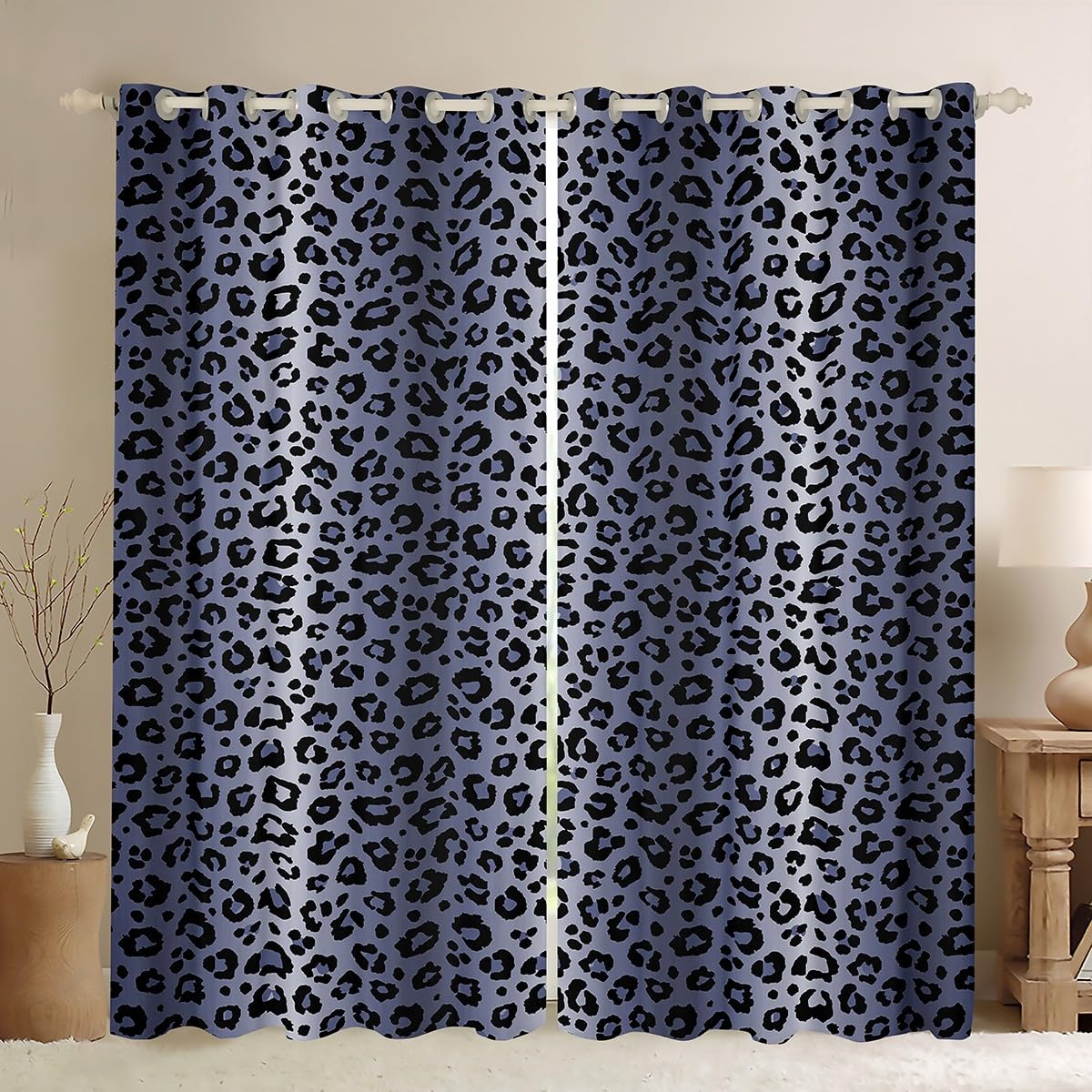 Homemissing Blue Grey Black Window Curtains Leopard Stripes Darkening Drapes for Bedroom Leopard Print 30%-50% Blackout Curtains Cheetah Fur Print Living Room Window Treatments (2 Panels,W52*L90) — image 1