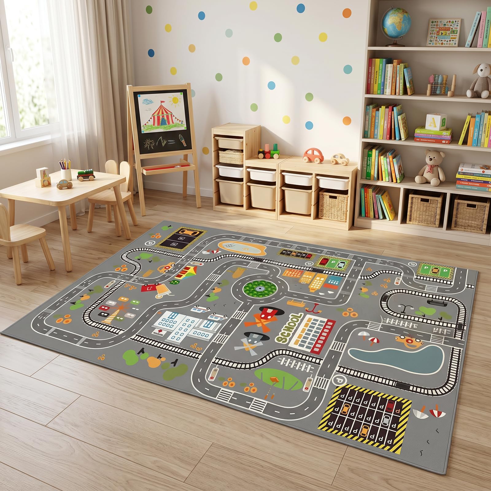 JynxtoyZeal Non Slip Urban City Map Rug, Cartoon Road Track Area Rug, Polyester Floor Carpet, Washable Decorative Floor Mat for Home Indoor Decoration-80 x 120cm