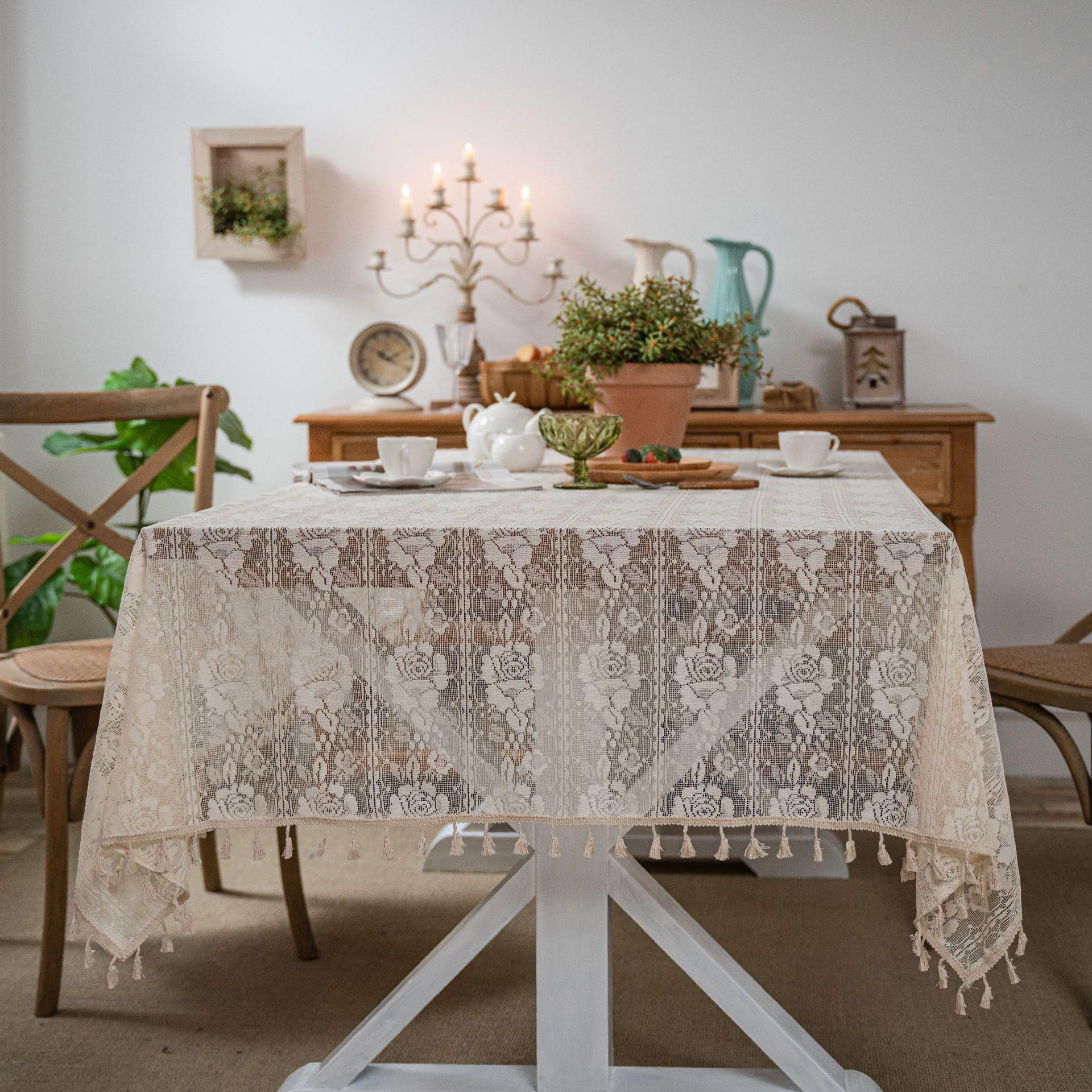 Plancholo Boho Crochet Tablecloth with Tassels Rose Floral Embroidery Lace Table Cloth Washable Table Cover for Kitchen Dining (Beige, Rectangle, 59 x 87 Inch)