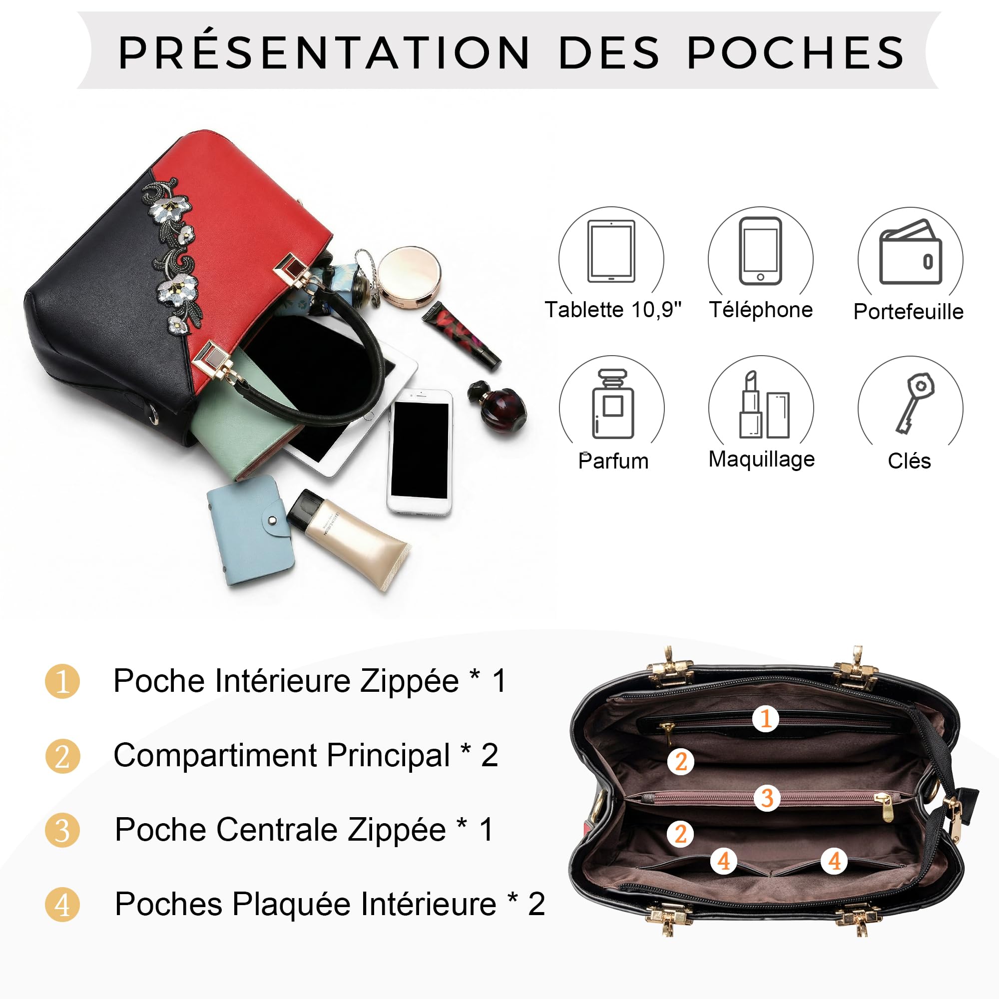 VARLIVOO Sac a Mains Femme Cuir PU Élégant Sac Bandouliere avec Broderie Florale Sacs à Main portés Main Classe pour Shopping Travail Voyage Fête Quotidien Rouge