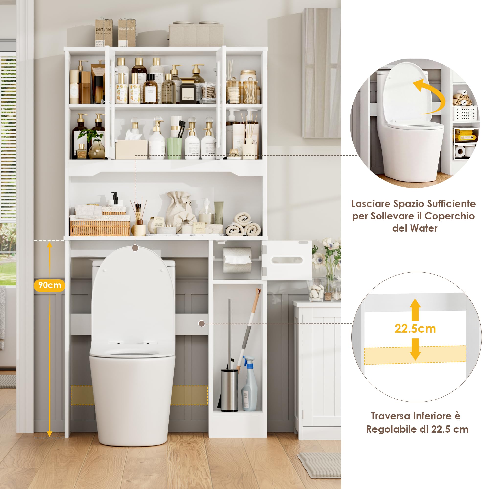 FOREHILL Mobile Lavatrice con 2 Ante, Mobile Sopra WC a 7 Scomparti Aperti e Porta Fazzoletti, Scaffale Sopra Lavatrice a Ripiani Regolabili, Mobiletto Asciugatrice, 89x20x173cm (Bianco)