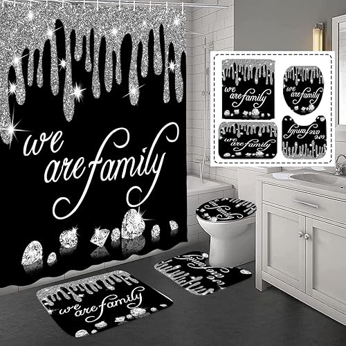 Juego de 4 cortinas de ducha familiares de diamantes con purpurina, cortina de ducha negra con tapa de inodoro y alfombras, cortinas de ducha